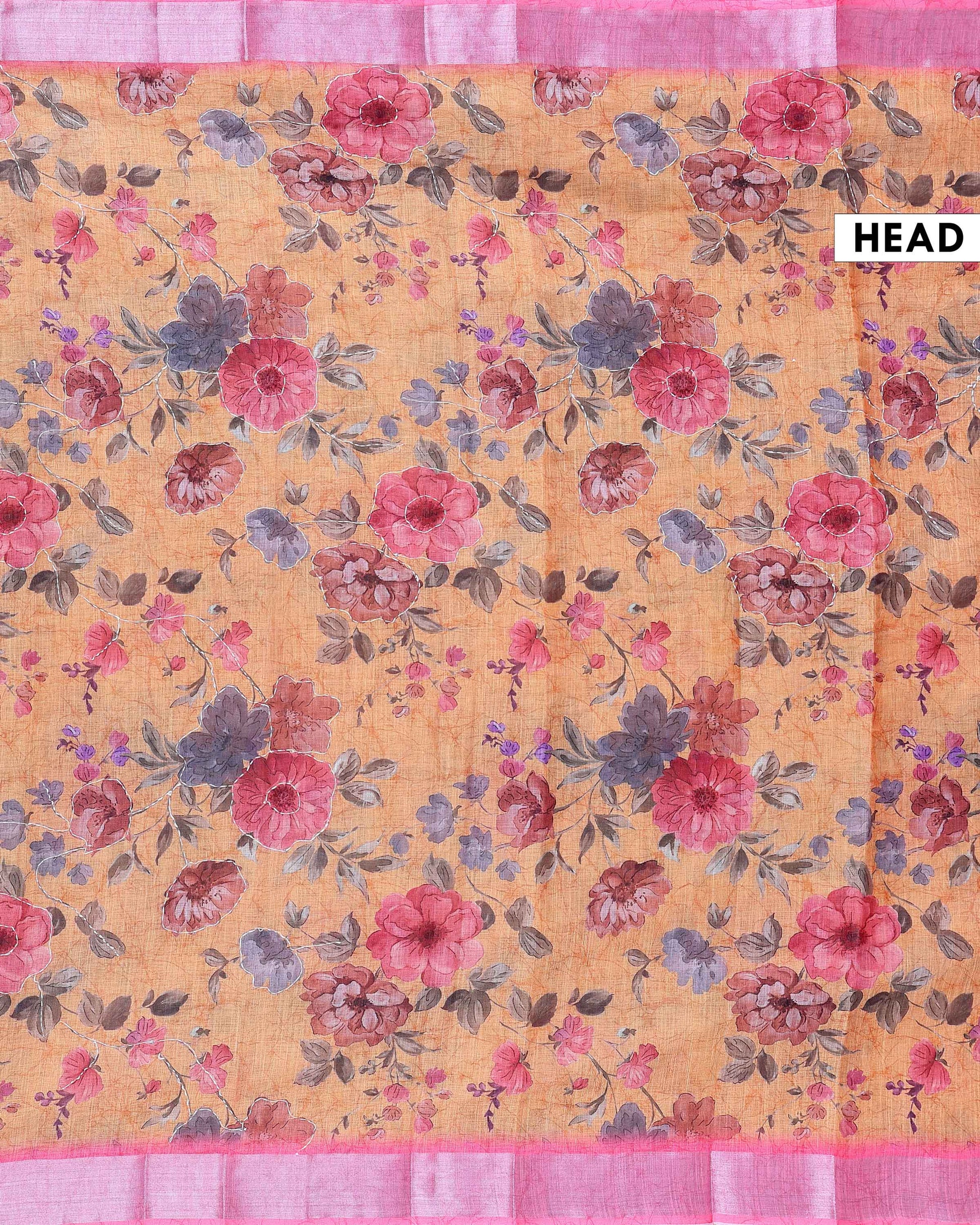 Elegant Kantha Work Saree with Floral Print and Contrasting Border - Orange