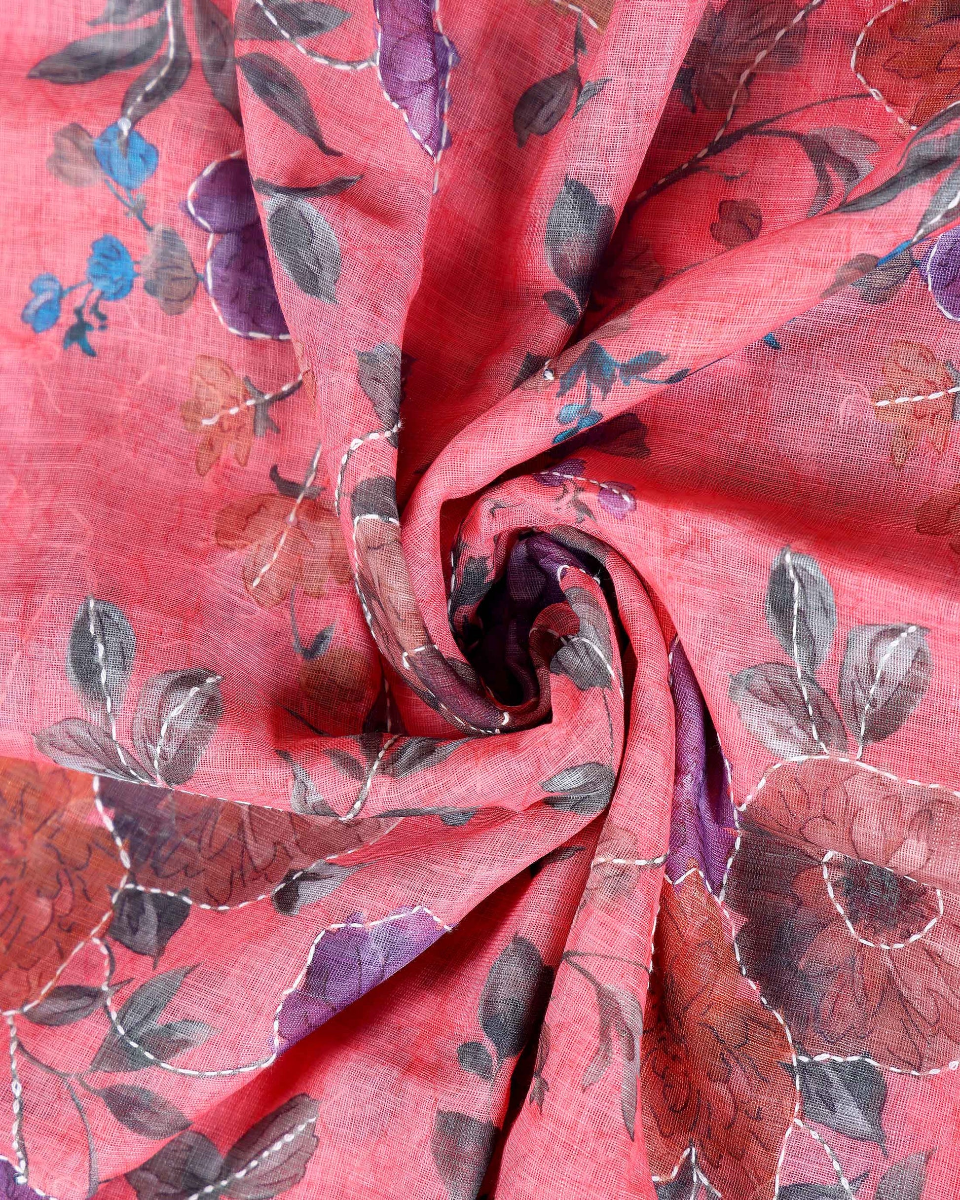 Elegant Kantha Work Saree with Floral Print and Contrasting Border - Peach