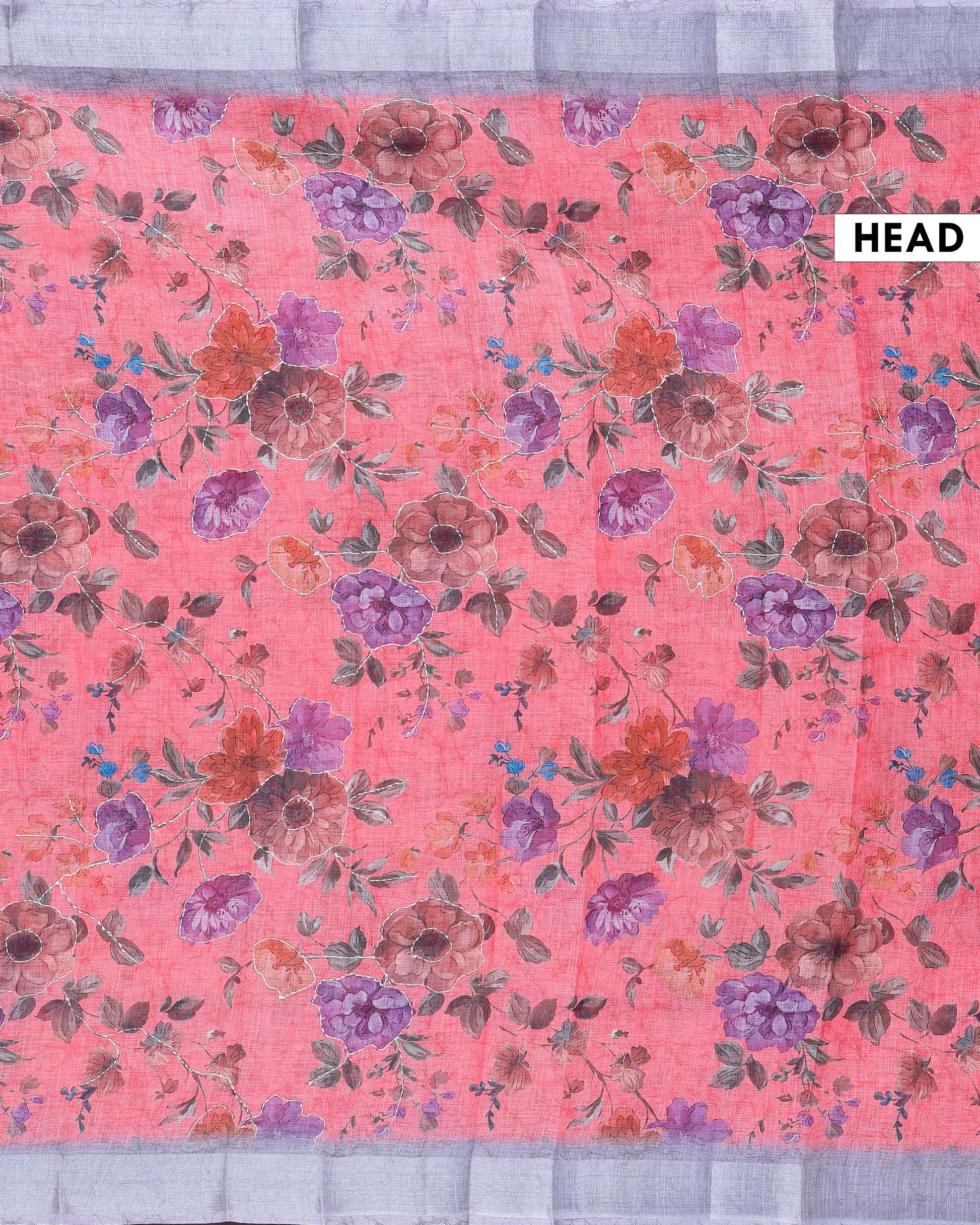 Elegant Kantha Work Saree with Floral Print and Contrasting Border - Peach