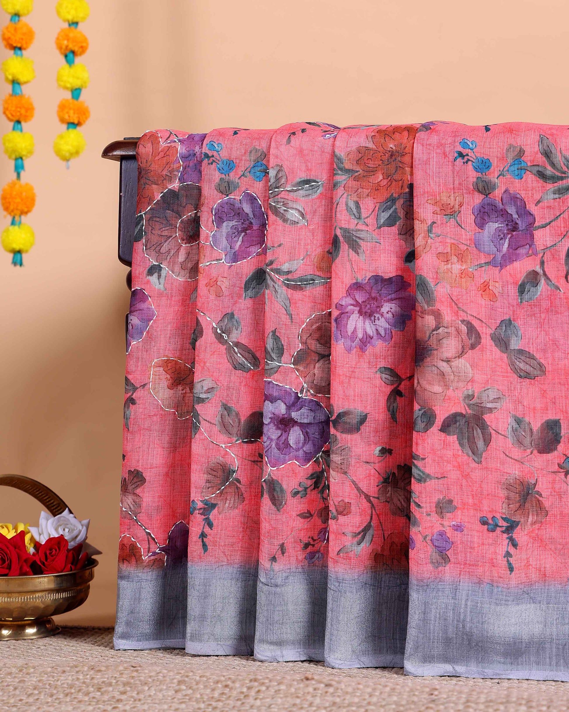 Elegant Kantha Work Saree with Floral Print and Contrasting Border - Peach