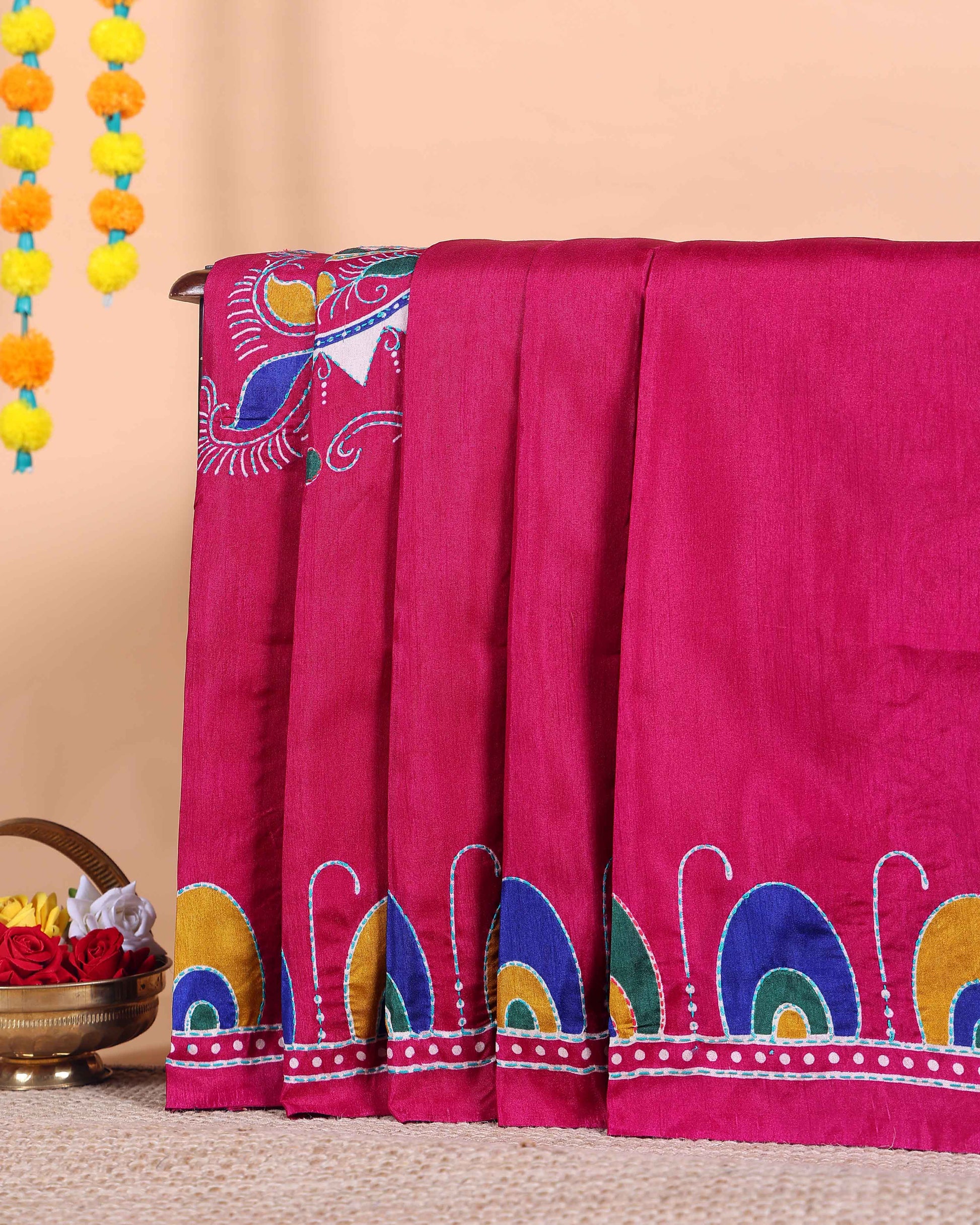 Elegant Kantha Work Saree with Intricate Handcrafted Border and Traditional Motif Detailing - Magenta