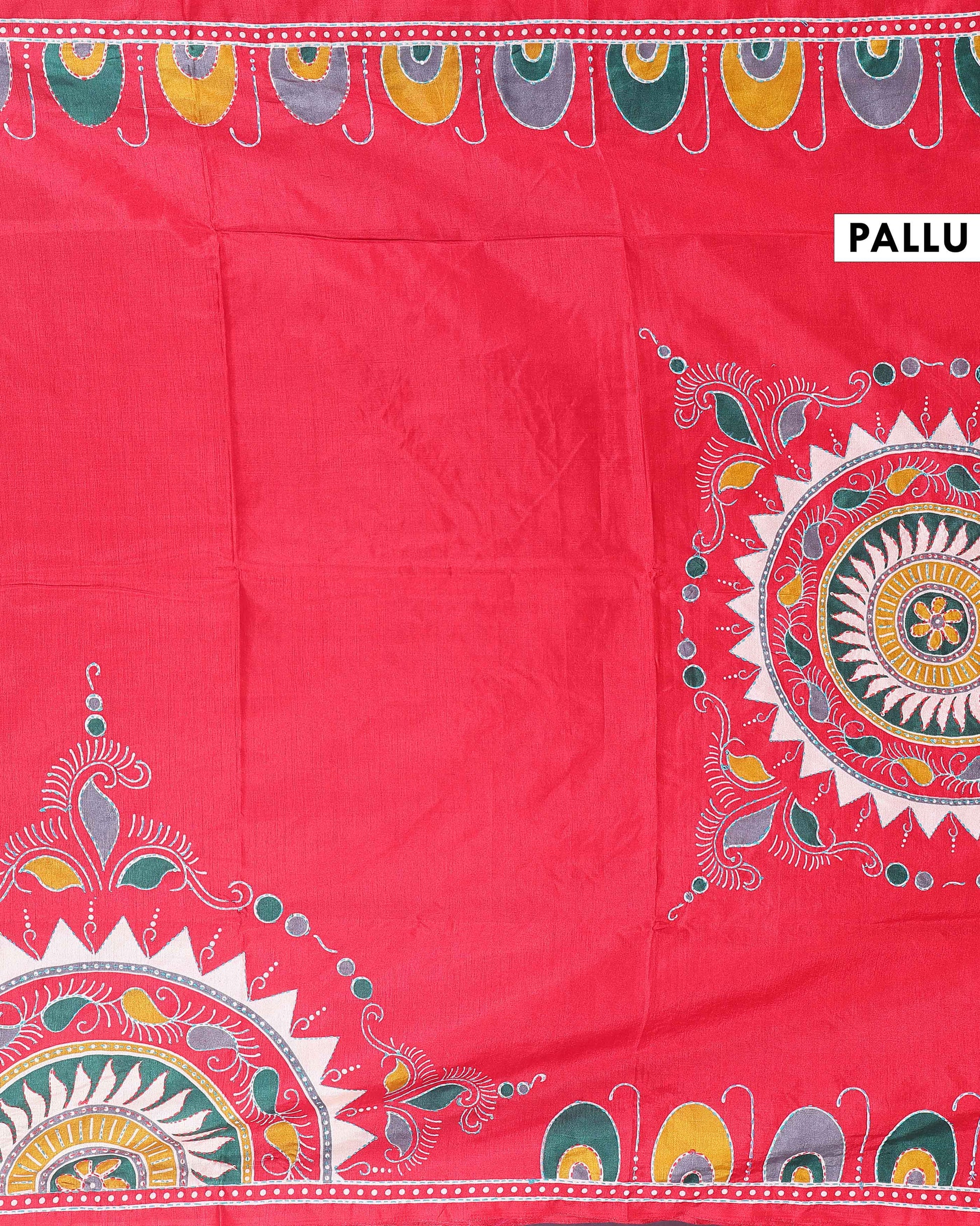 Elegant Kantha Work Saree with Intricate Handcrafted Border and Traditional Motif Detailing - Red