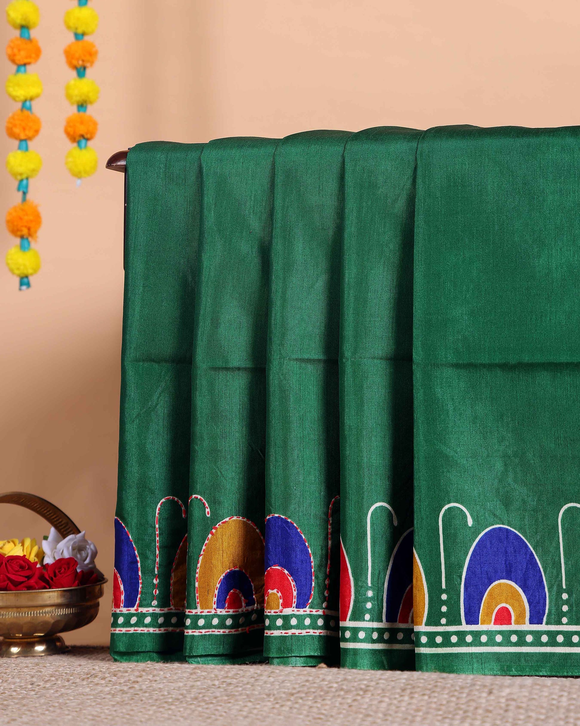 Elegant Kantha Work Silk Saree with Intricate Handcrafted Border and Traditional Motif Detailing - Green