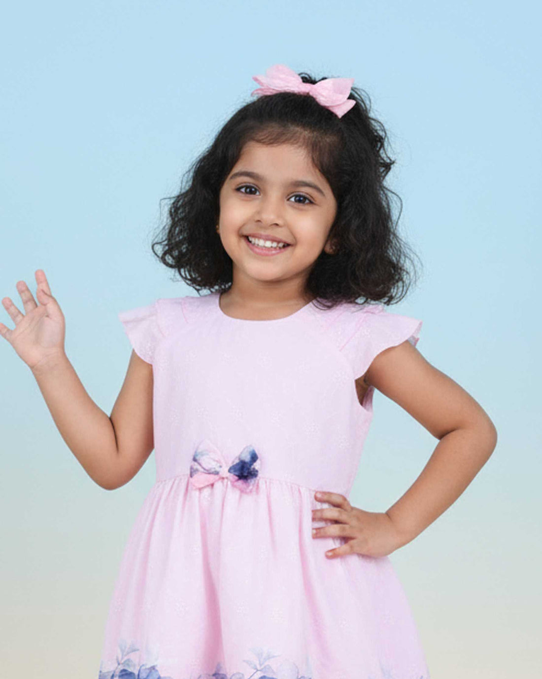 Elegant Kids' Floral Print & Bow Detail Dress with Scalloped Trim - Pink