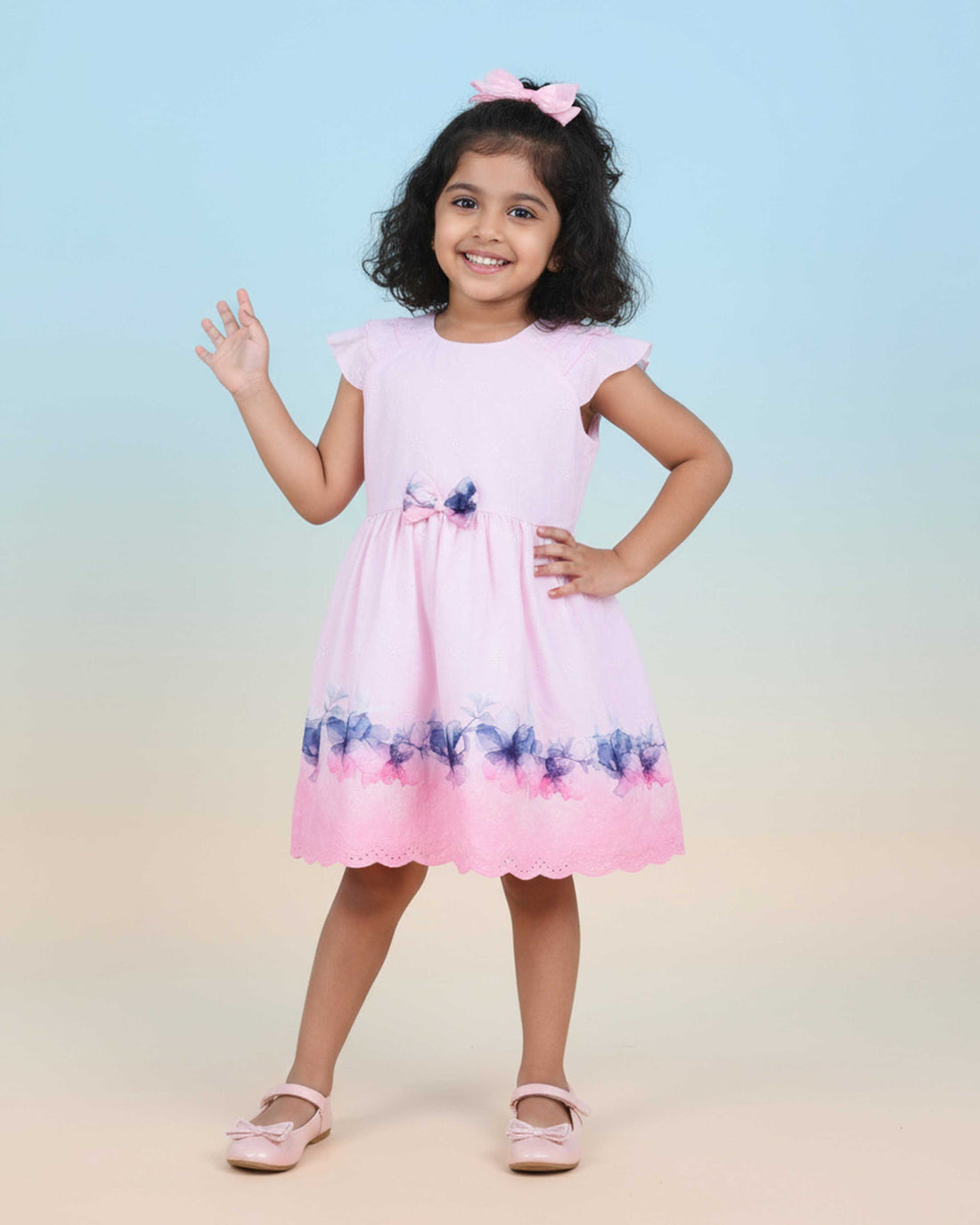 Elegant Kids' Floral Print & Bow Detail Dress with Scalloped Trim - Pink