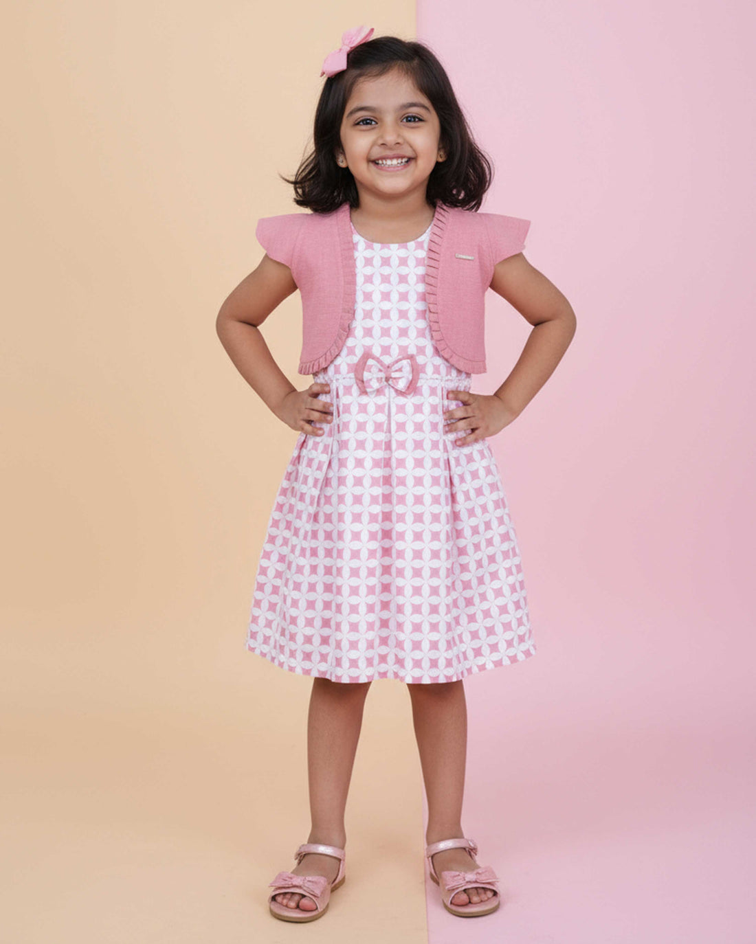 Elegant Kids' Party Wear Frock with Shrug and Bow Detail - Pink