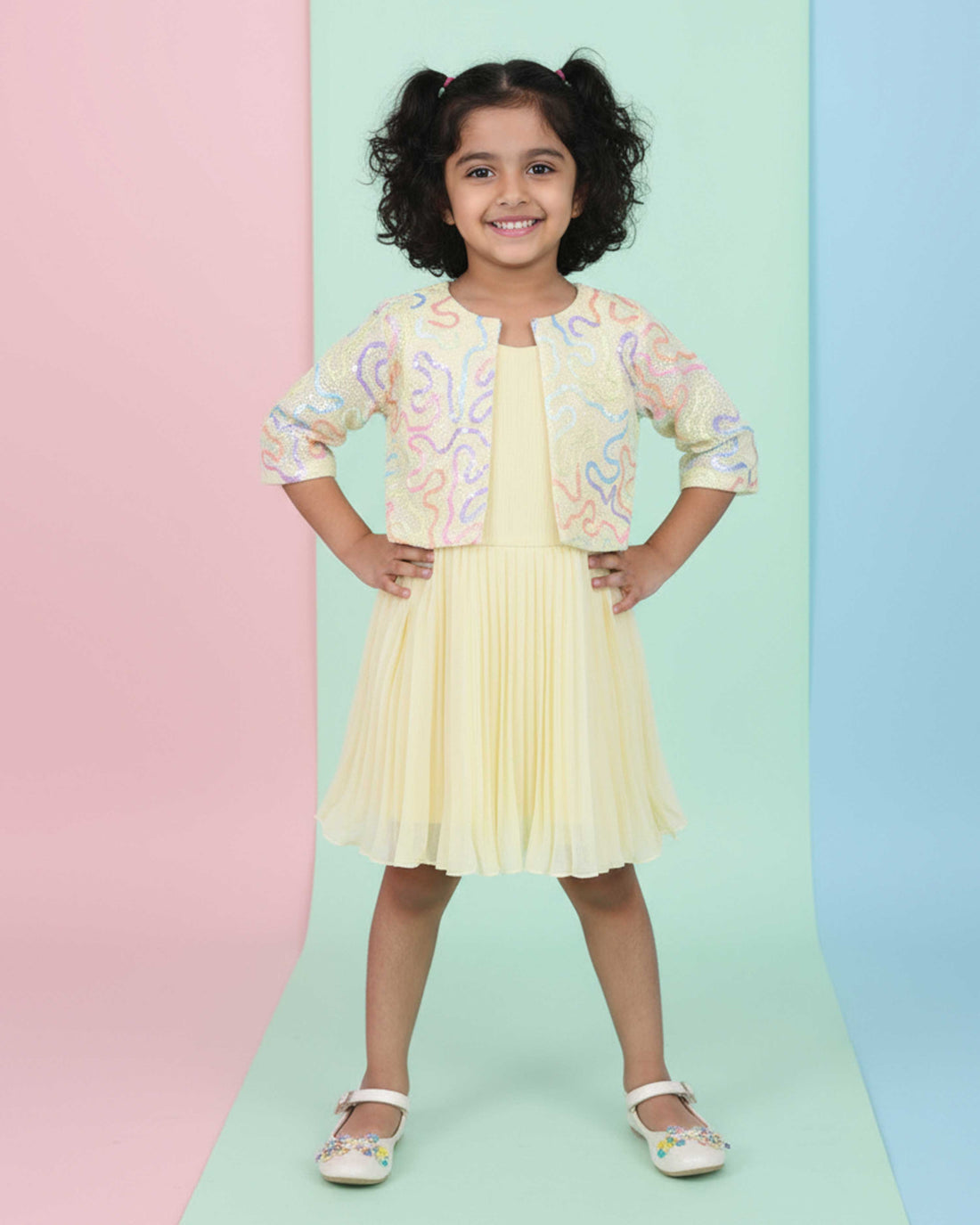 Elegant Kids' Pleated Frock with Floral Sequin Jacket - Yellow