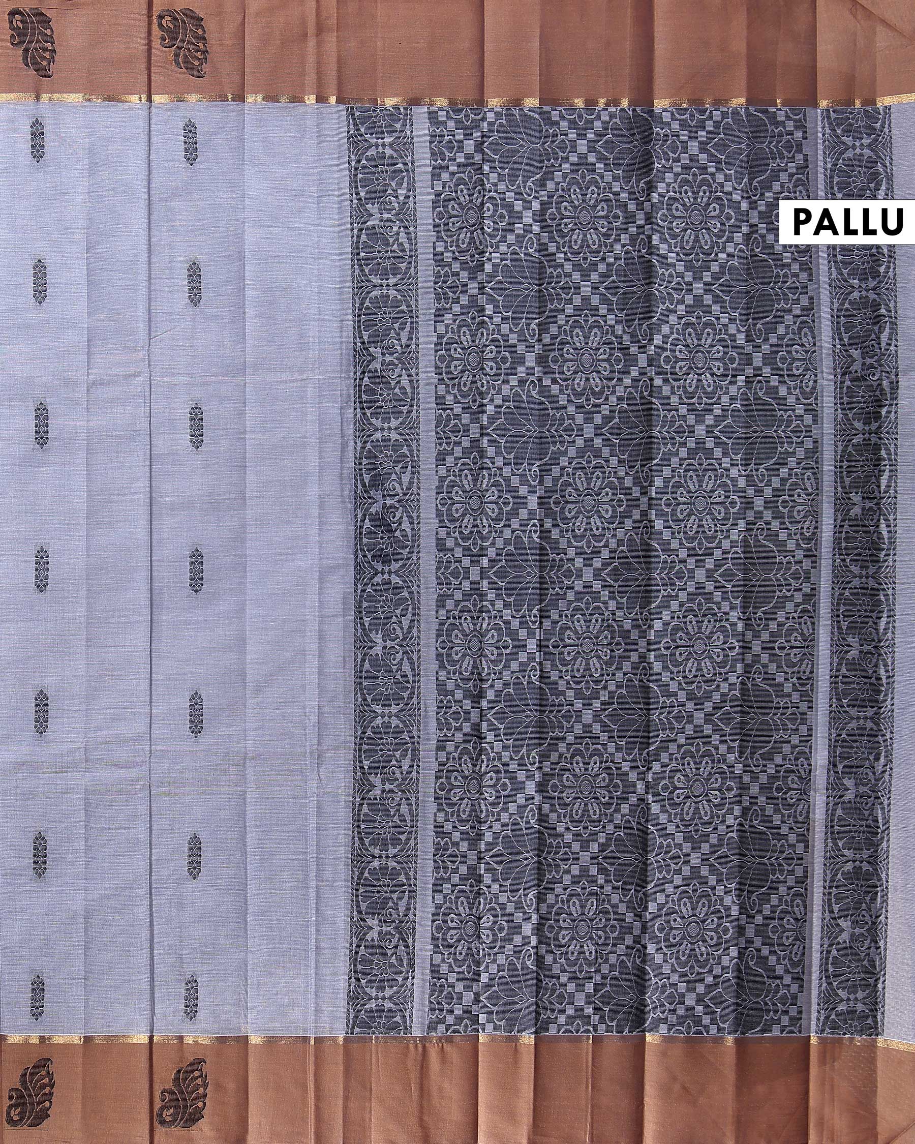 Elegant Kovai Cotton Saree with Fine Textured Weave and Floral Motif Border - Light Grey