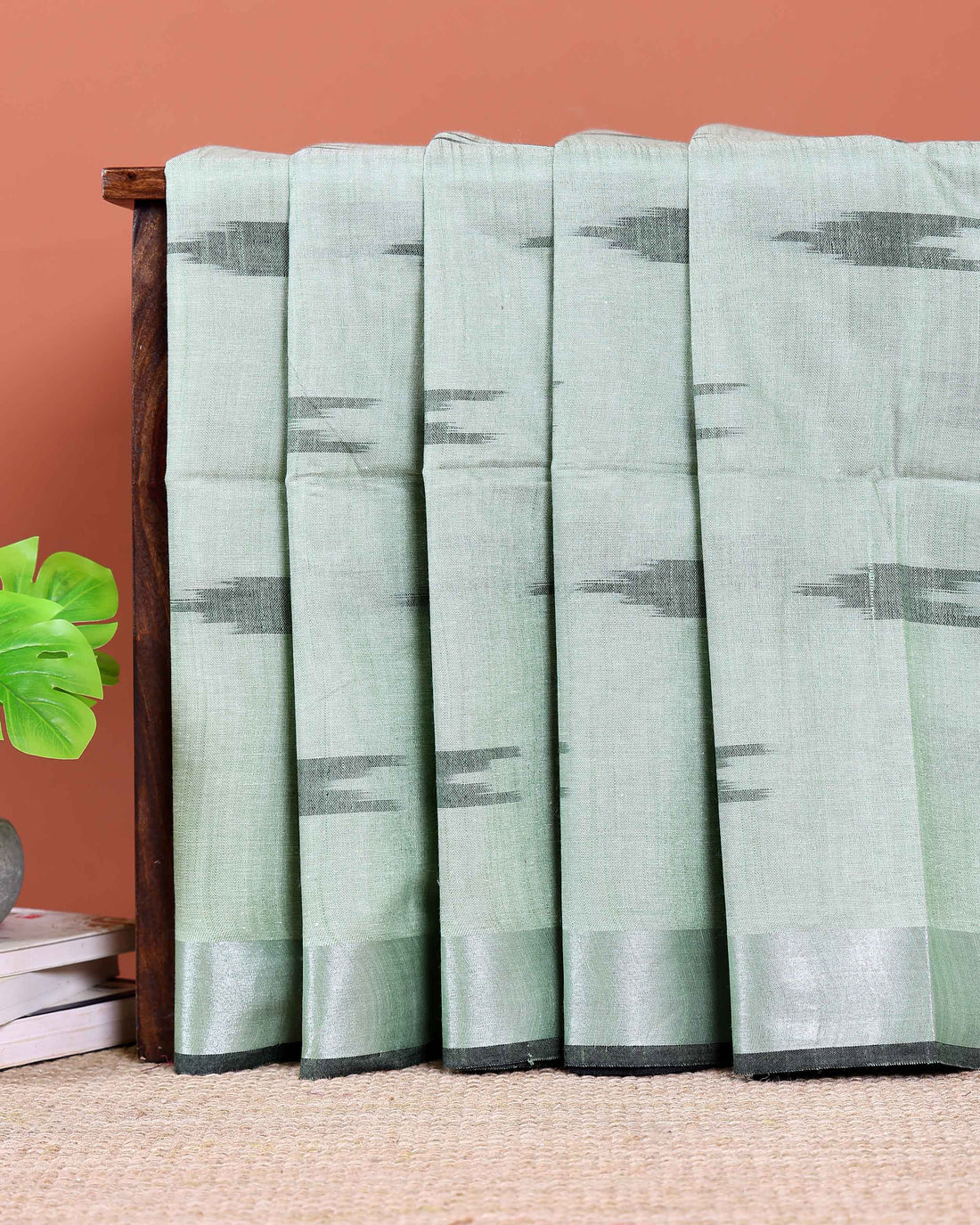 Elegant Linen Cotton Saree with Traditional Ikat-Inspired Design - Green