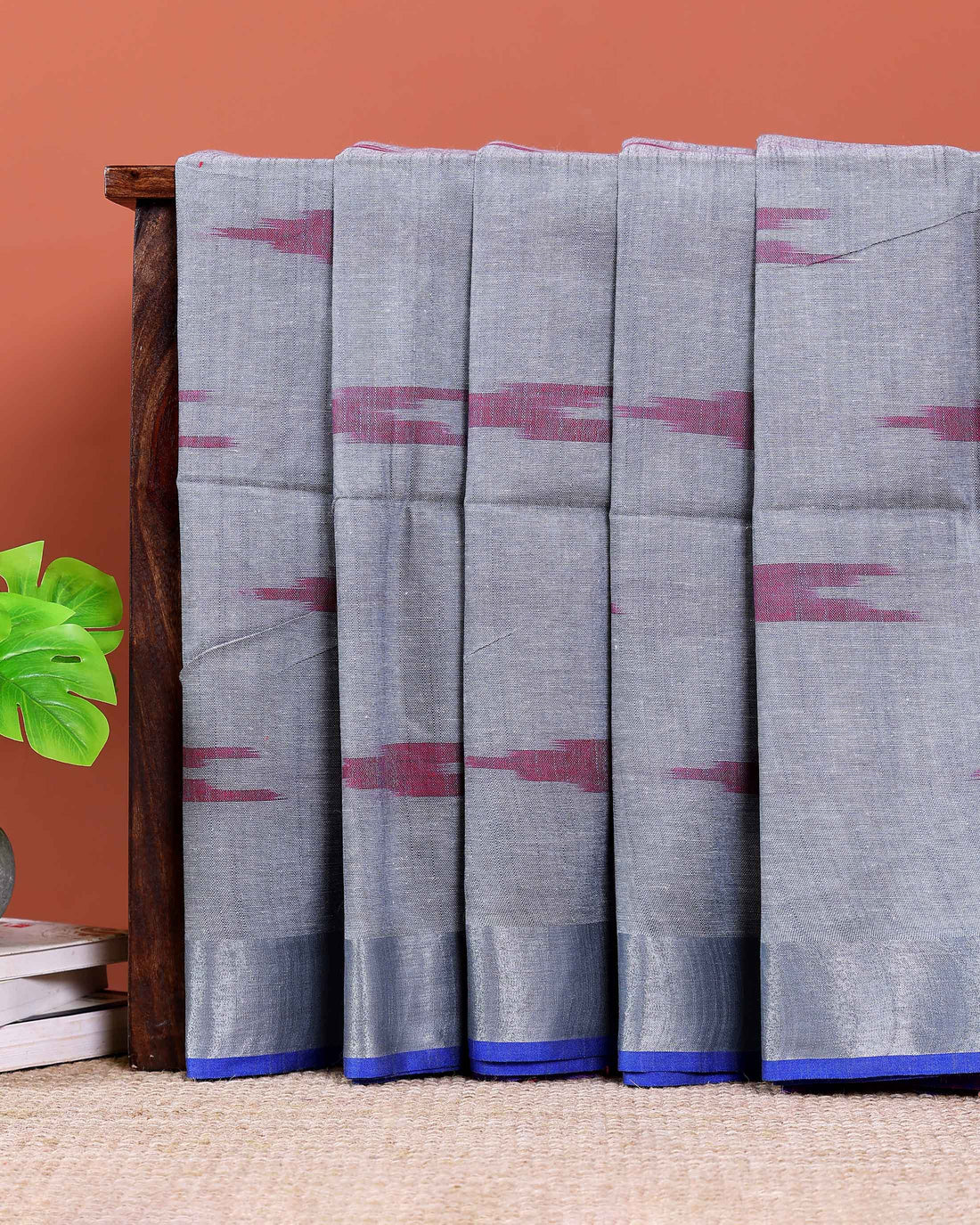 Elegant Linen Cotton Saree with Traditional Ikkat-Inspired Design - Grey -main