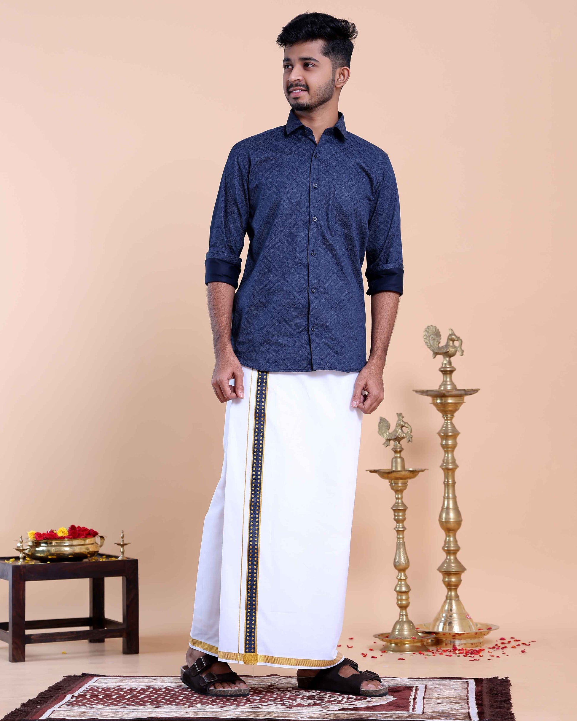 Elegant Men's Ethnic Full Sleeve Shirt & Dhoti Set with Zari Border - Blue