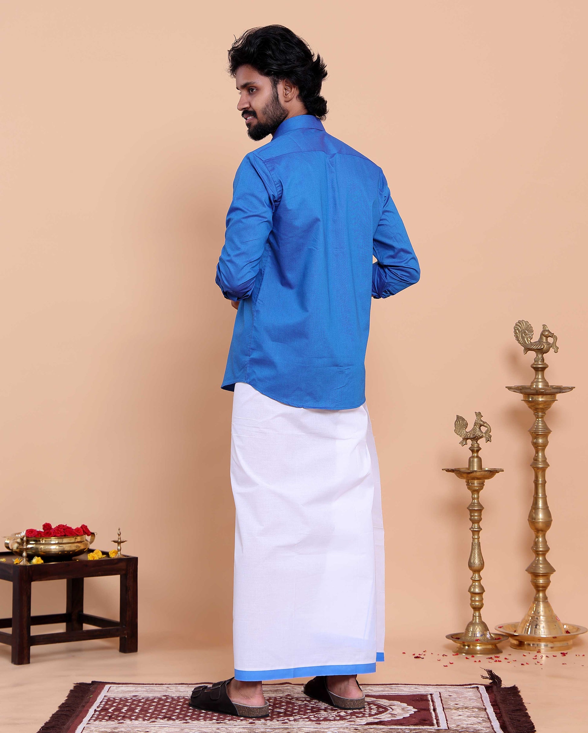 Elegant Men's Ethnic Full Sleeve Shirt & Dhoti Set with Traditional Border - Blue