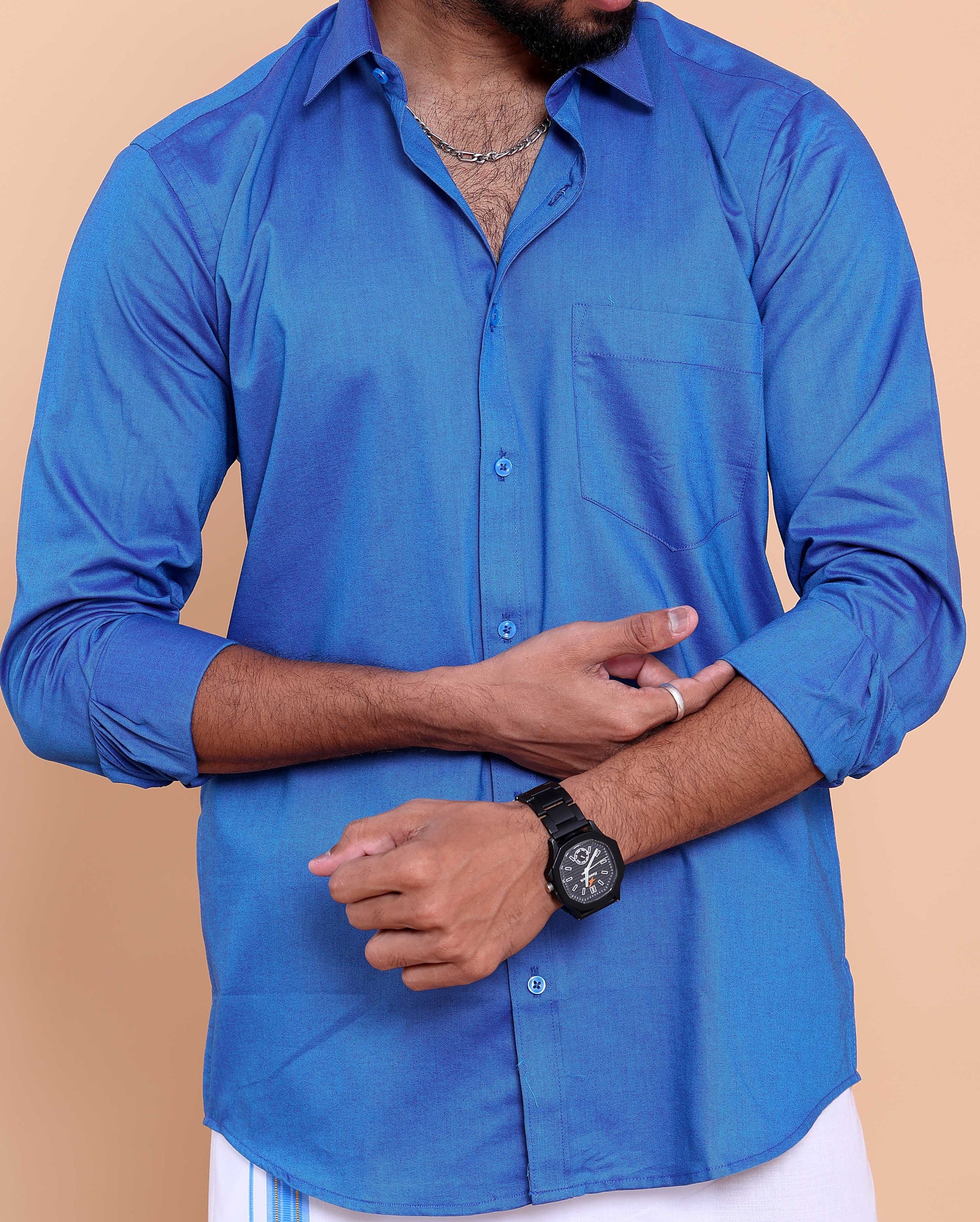 Elegant Men's Ethnic Full Sleeve Shirt & Dhoti Set with Traditional Border - Blue