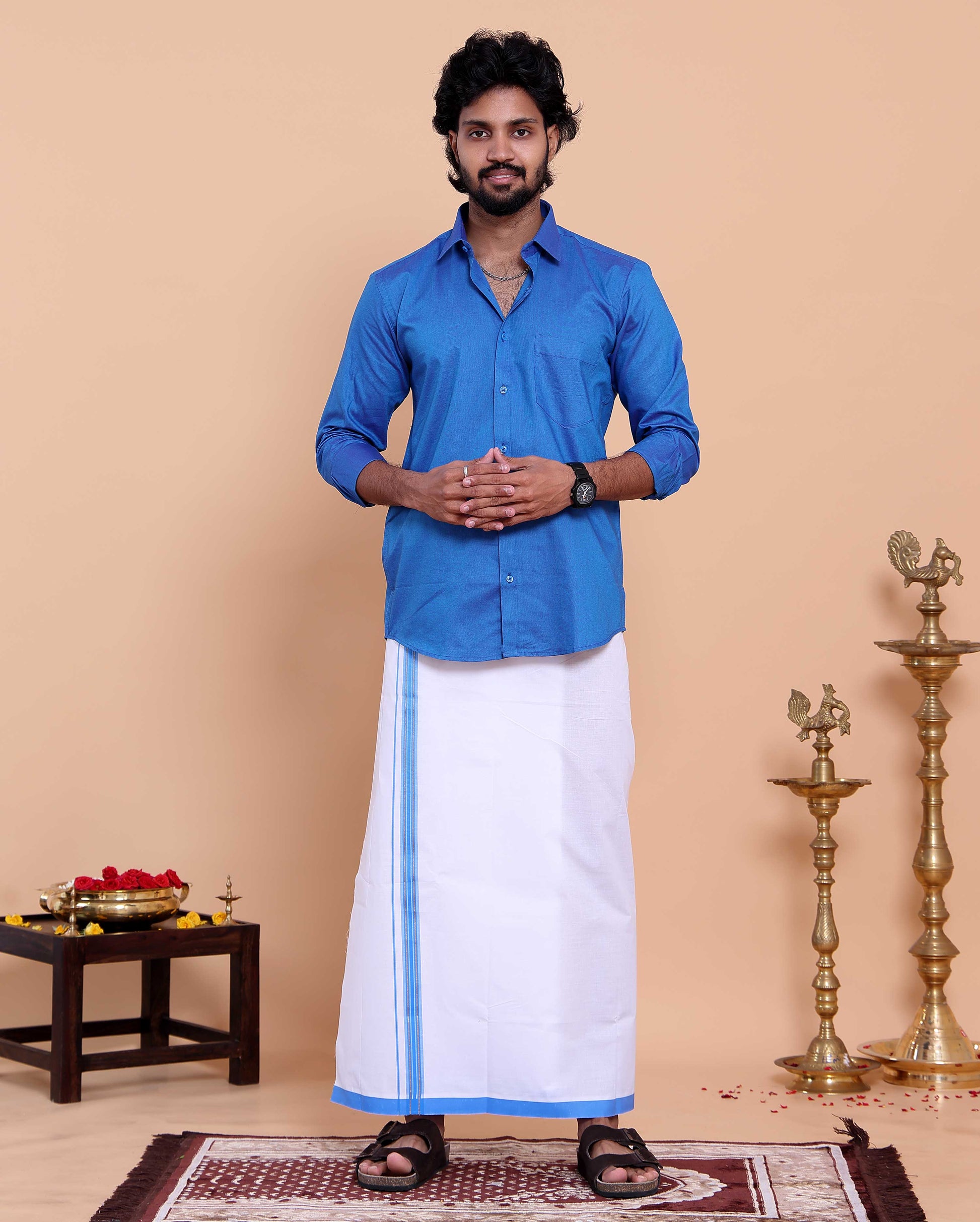 Elegant Men's Ethnic Full Sleeve Shirt & Dhoti Set with Traditional Border - Blue