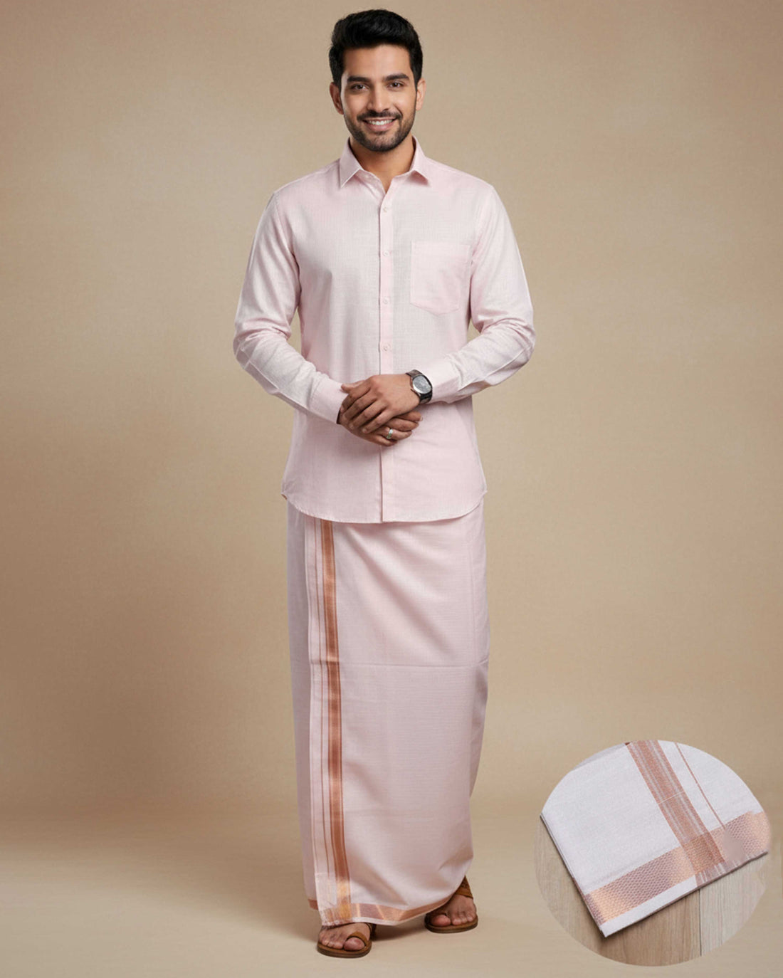Elegant Men's Ethnic Full Sleeve Shirt & Dhoti Set with Traditional Border - Copper