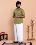 Elegant Men's Ethnic Full Sleeve Shirt & Dhoti Set with Traditional Border - Green