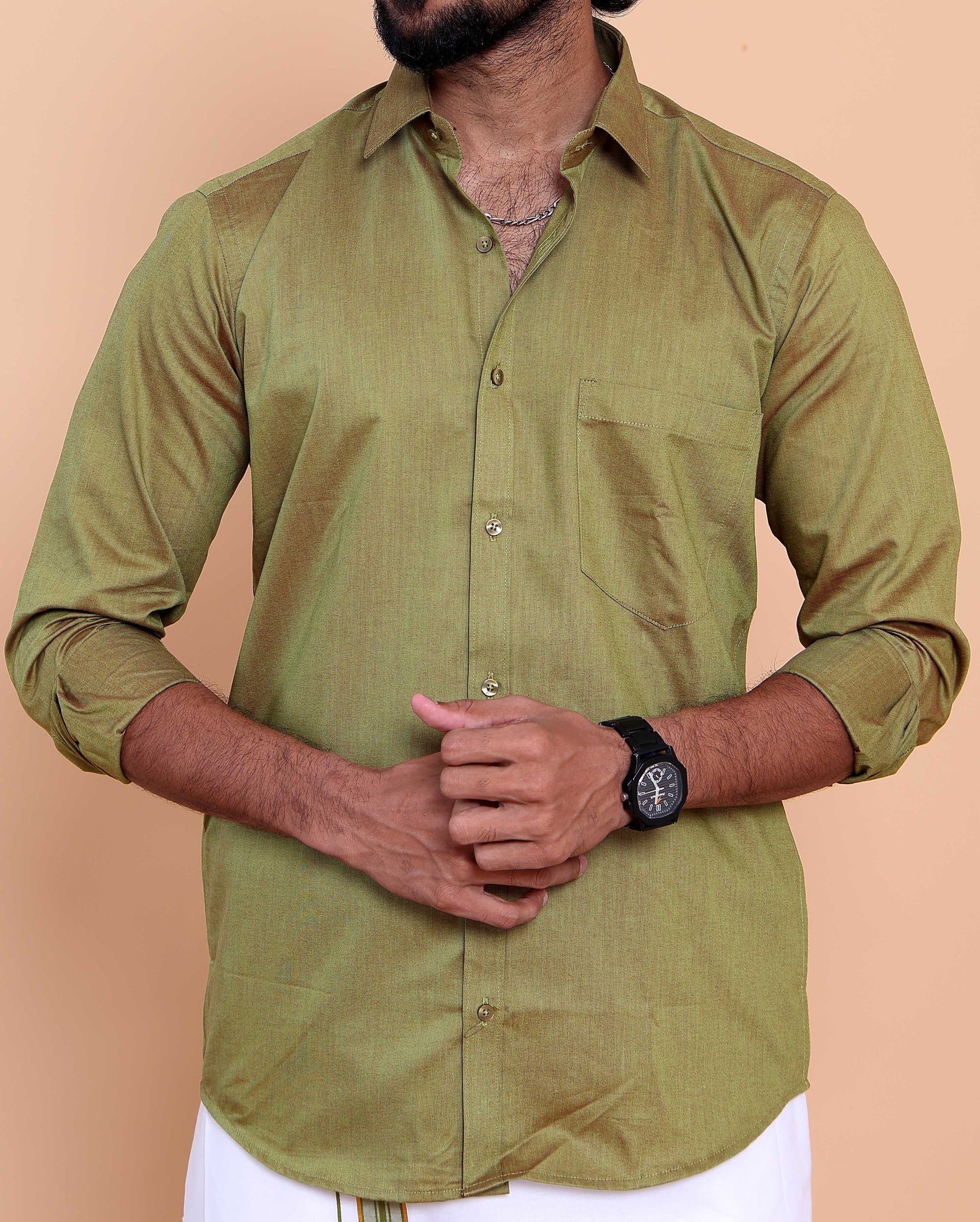 Elegant Men's Ethnic Full Sleeve Shirt & Dhoti Set with Traditional Border - Green