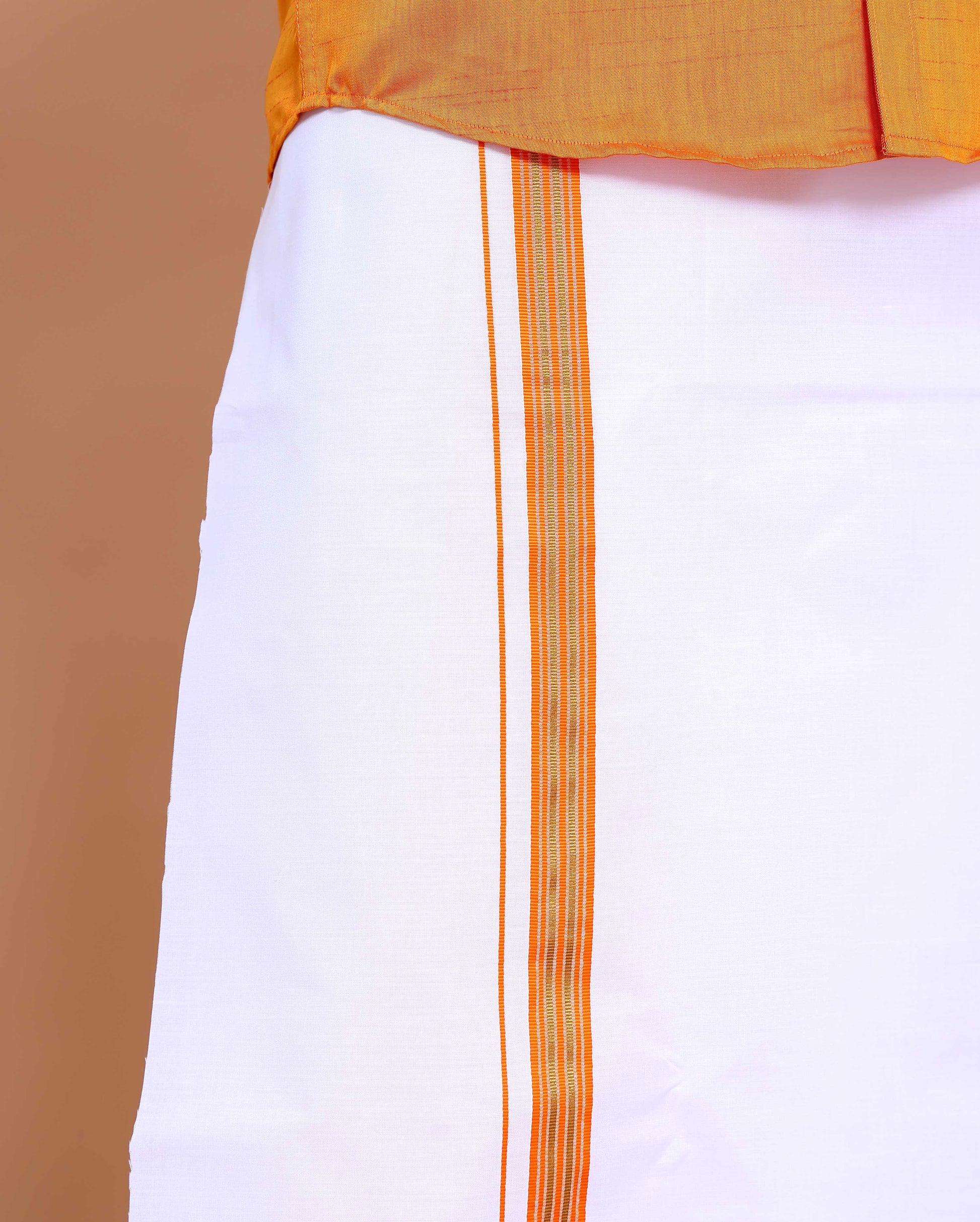 Elegant Men's Ethnic Full Sleeve Shirt & Dhoti Set with Traditional Border - Orange