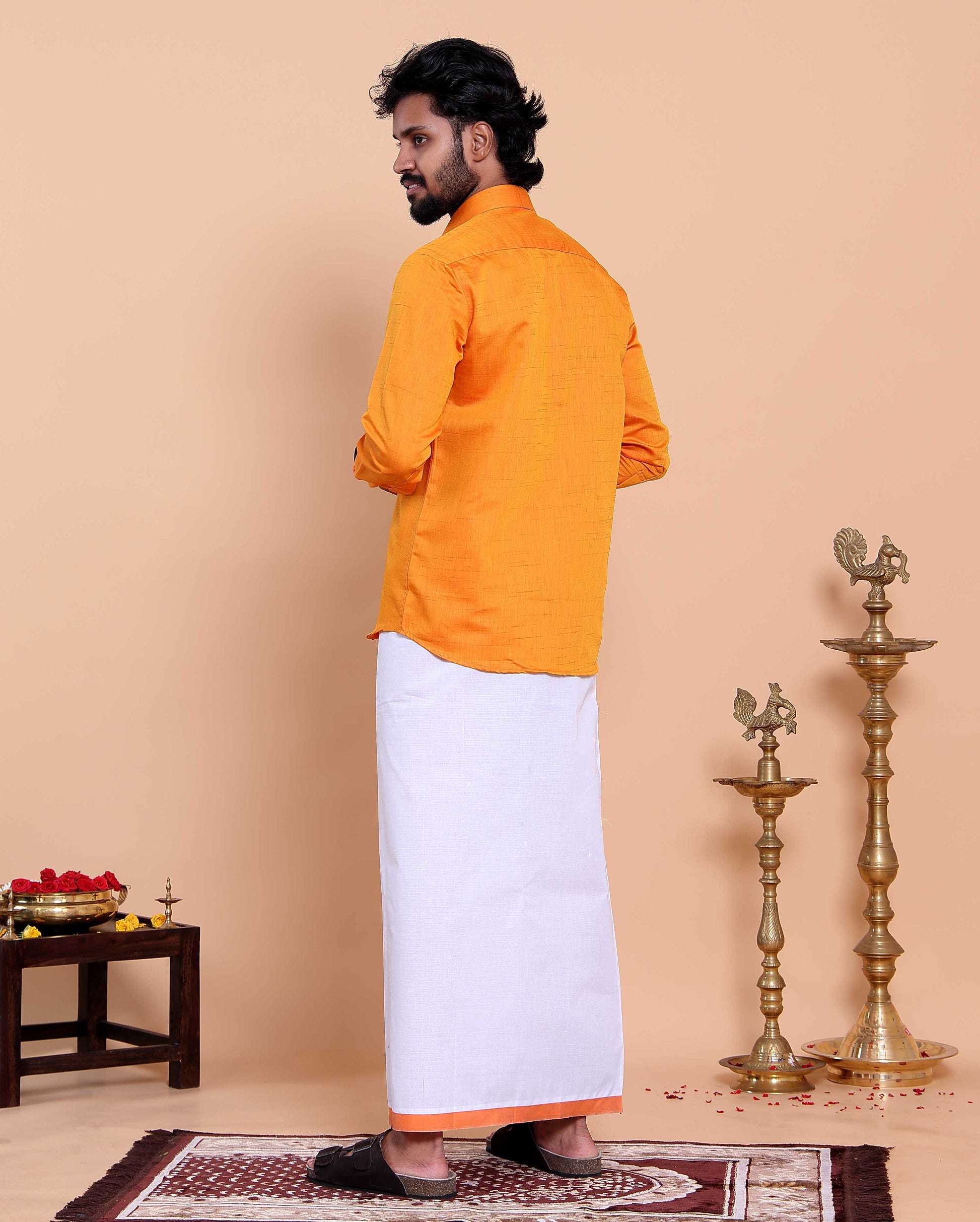 Elegant Men's Ethnic Full Sleeve Shirt & Dhoti Set with Traditional Border - Orange