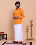 Elegant Men's Ethnic Full Sleeve Shirt & Dhoti Set with Traditional Border - Orange
