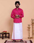 Elegant Men's Ethnic Full Sleeve Shirt & Dhoti Set with Traditional Border - Pink-front image