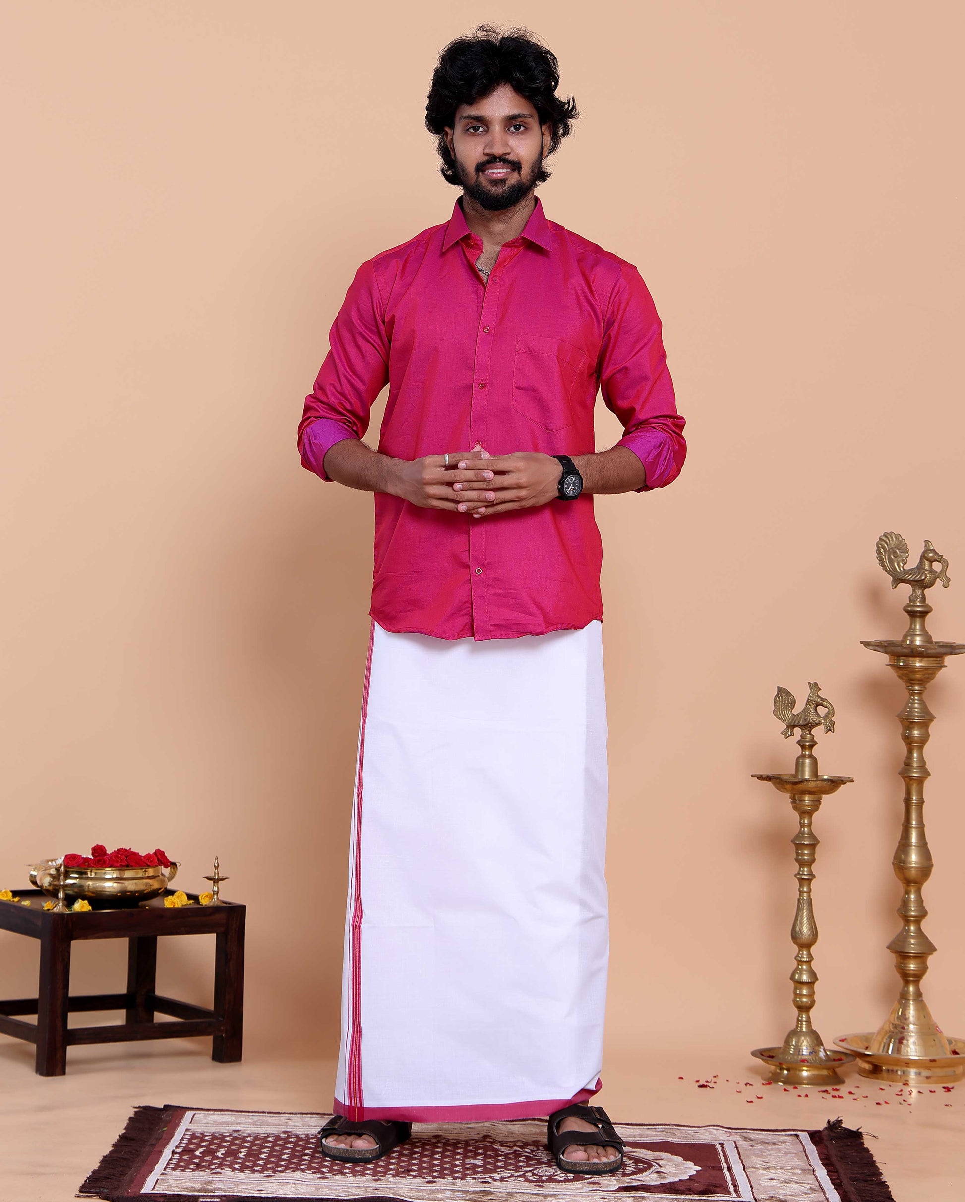 Elegant Men's Ethnic Full Sleeve Shirt & Dhoti Set with Traditional Border - Pink