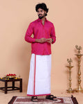 Elegant Men's Ethnic Full Sleeve Shirt & Dhoti Set with Traditional Border - Pink