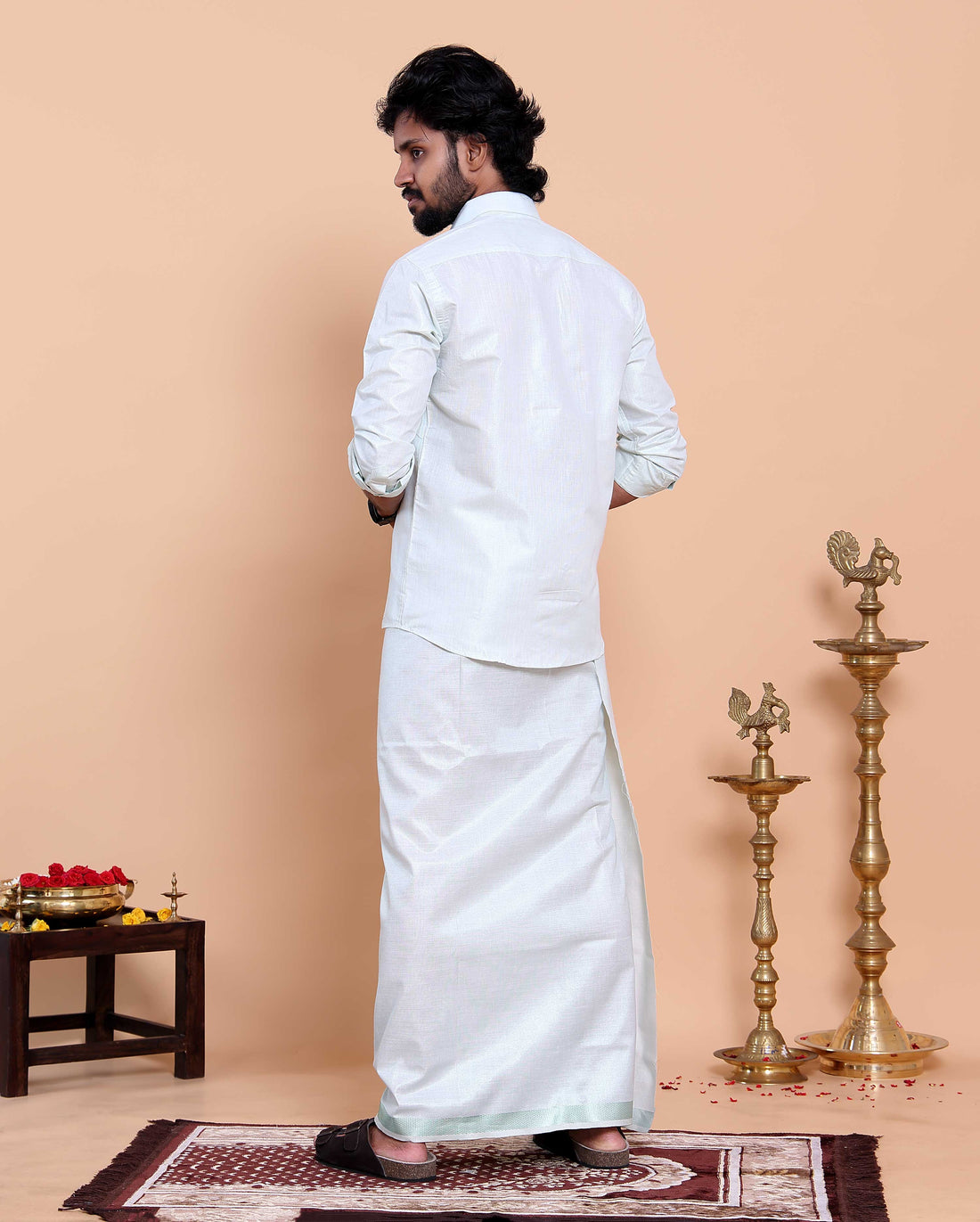 Elegant Men's Ethnic Full Sleeve Shirt & Dhoti Set with Traditional Border - Silver