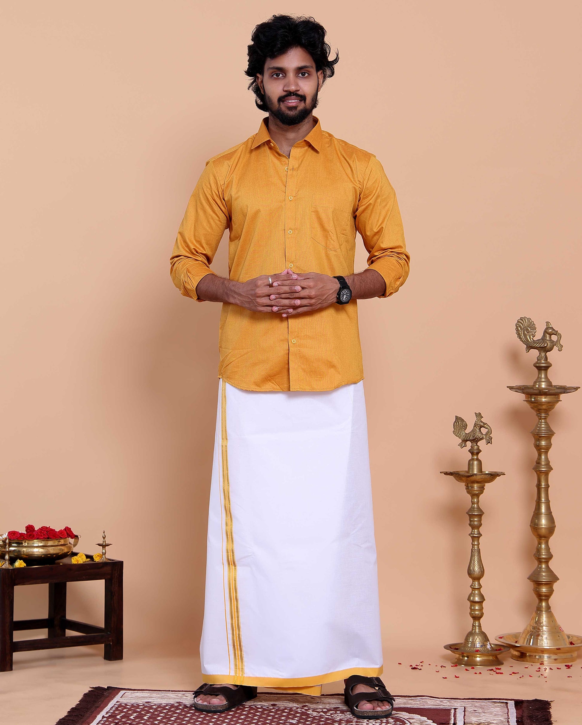 Elegant Men's Ethnic Full Sleeve Shirt & Dhoti Set with Traditional Border - Yellow-shirt