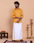 Elegant Men's Ethnic Full Sleeve Shirt & Dhoti Set with Traditional Border - Yellow-shirt