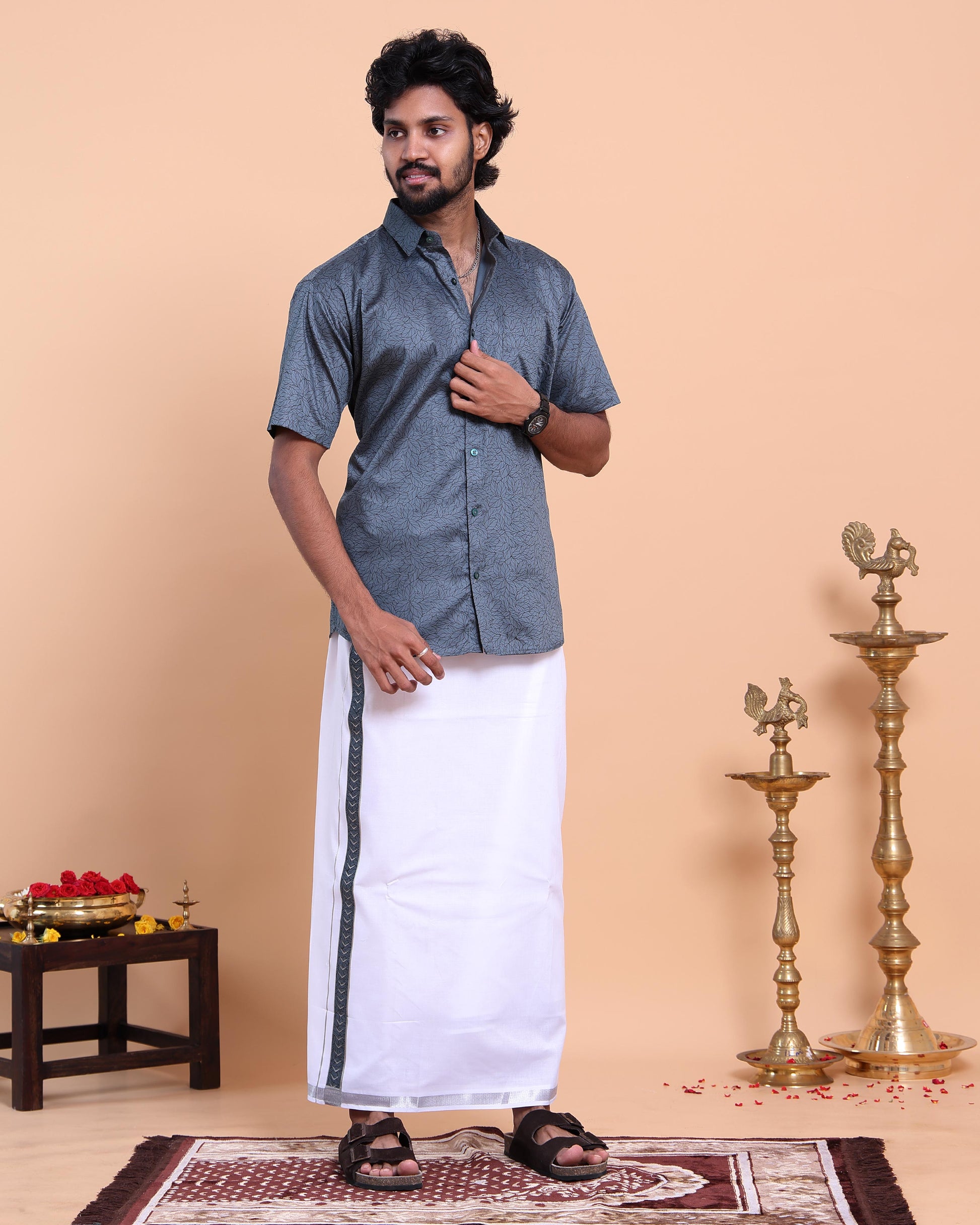 Elegant Men's Traditional Shirt and Dhoti Set with Woven Border - Grey