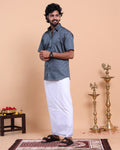 Elegant Men's Traditional Shirt and Dhoti Set with Woven Border - Grey