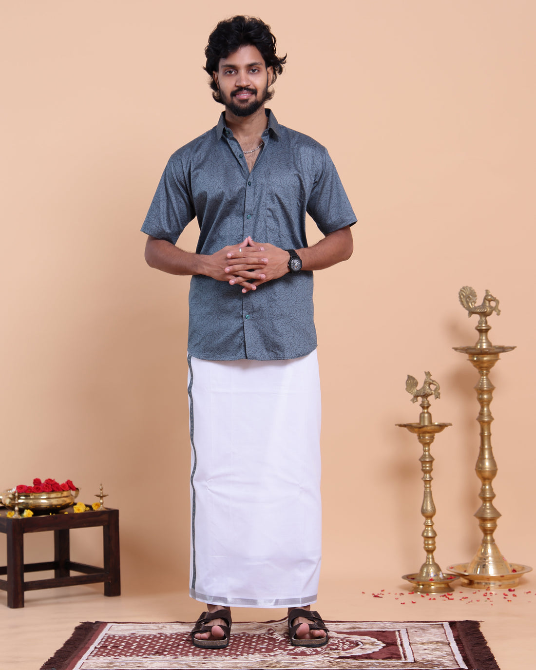 Elegant Men's Traditional Shirt and Dhoti Set with Woven Border - Grey