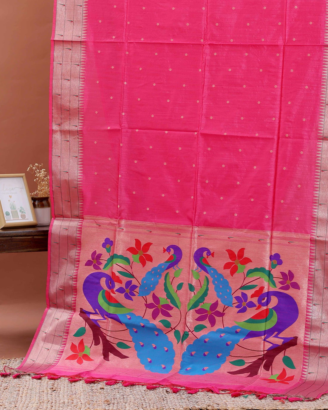 Elegant Paithani Saree with Elaborate Peacock and Floral Weaving on the Pallu - Pink