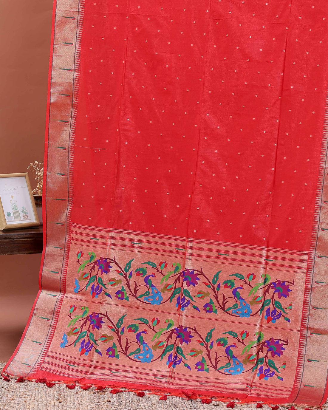 Elegant Paithani Saree with Elaborate Peacock and Floral Weaving on the Pallu - Red