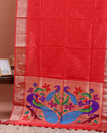 Elegant Paithani Saree with Traditional Peacock and Floral Motifs - Red
