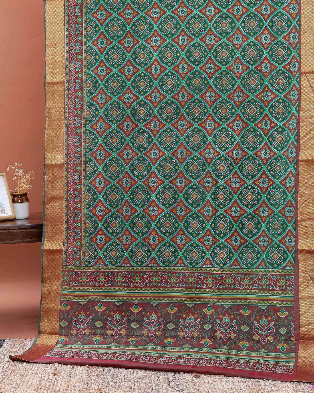 Elegant Patola Handloom Saree with Woven Geometric and Floral Designs - Green