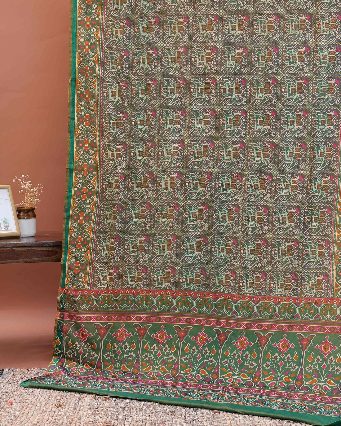 Elegant Patola Semi-Silk Saree with Intricate Geometric and Floral Motifs - Brown