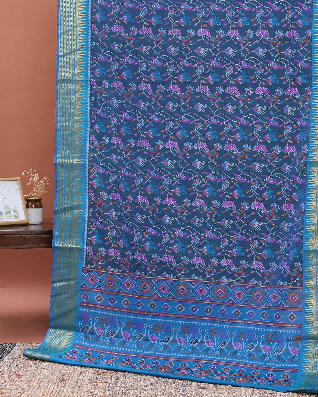 Elegant Patola Semi Silk Saree with Intricate Floral and Bird Motif Weaving, and Zari Border - Blue