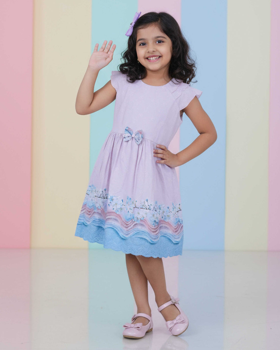 Elegant Printed Kids Party Wear Frock with Bow Detail and Layered Hem - Pink