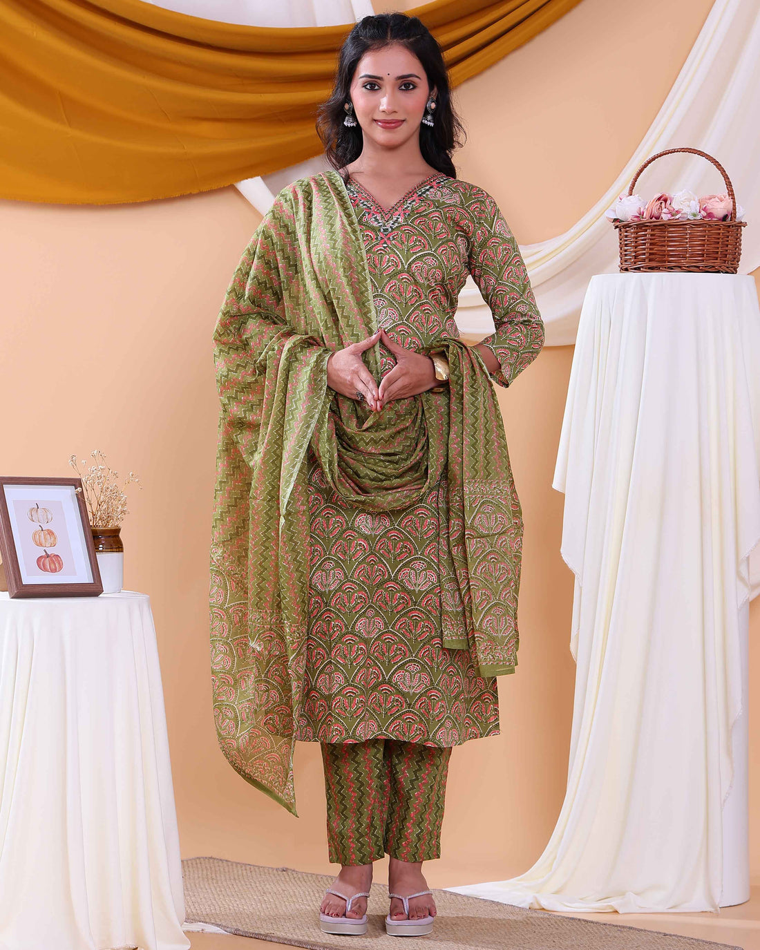 Elegant Printed Women’s Salwar Set with Straight Kurta, Matching Bottom, and Dupatta- Green