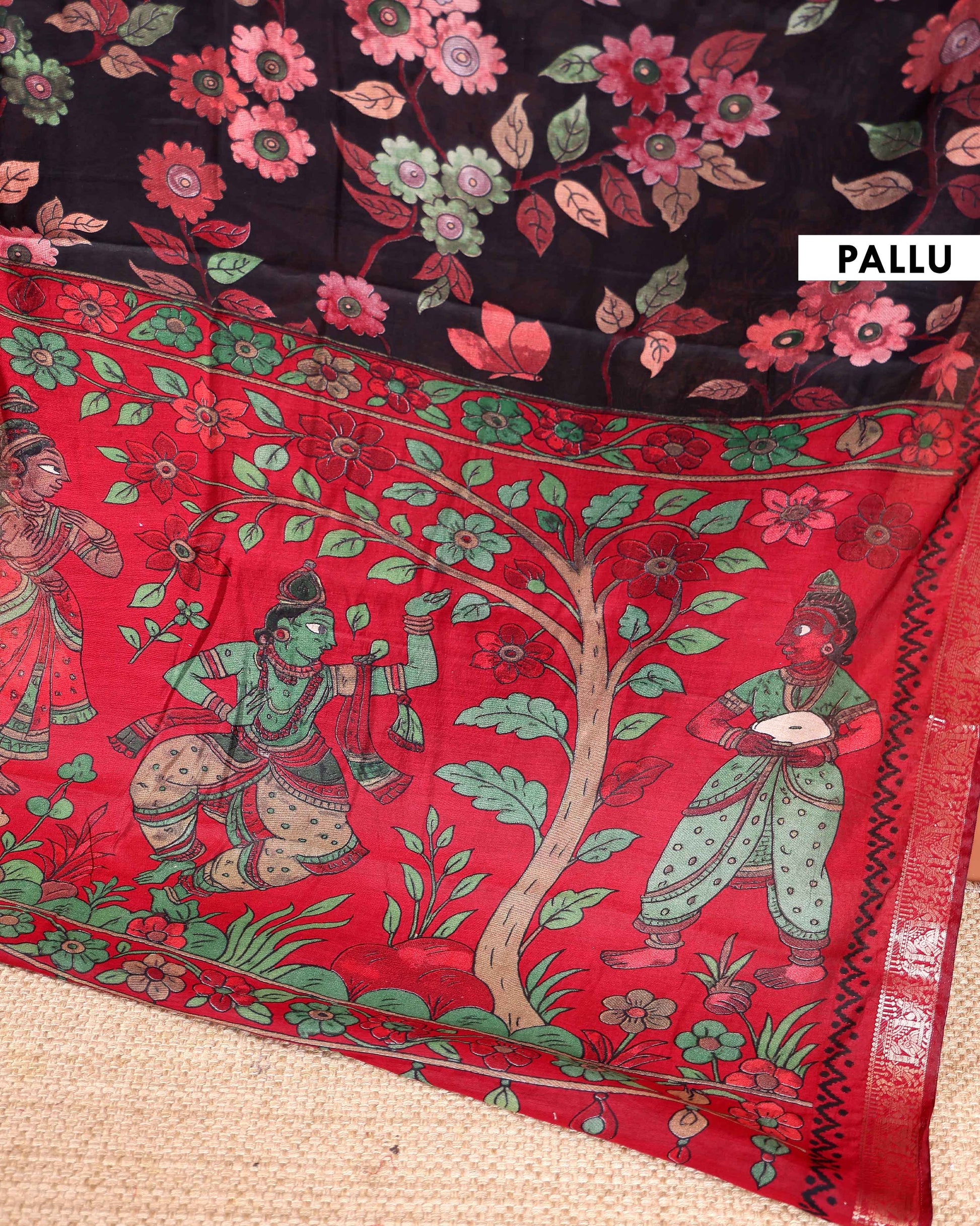 Elegant Semi Chanderi Saree Botanical Motifs and Heritage Art Pallu Design - Dark Brown