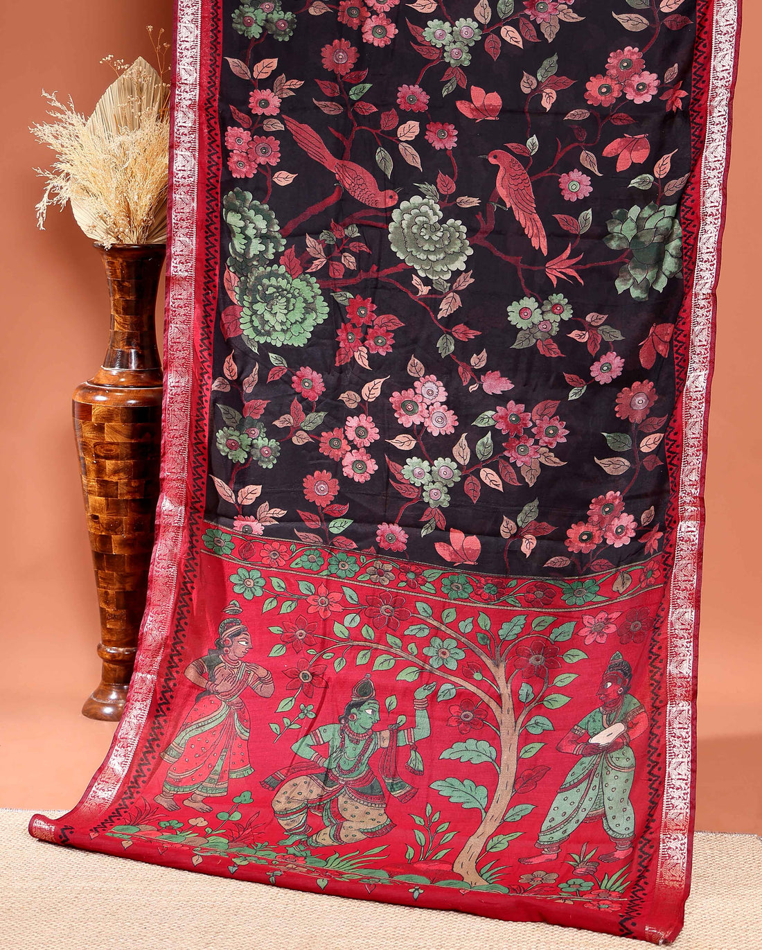 Elegant Semi Chanderi Saree Botanical Motifs and Heritage Art Pallu Design - Dark Brown