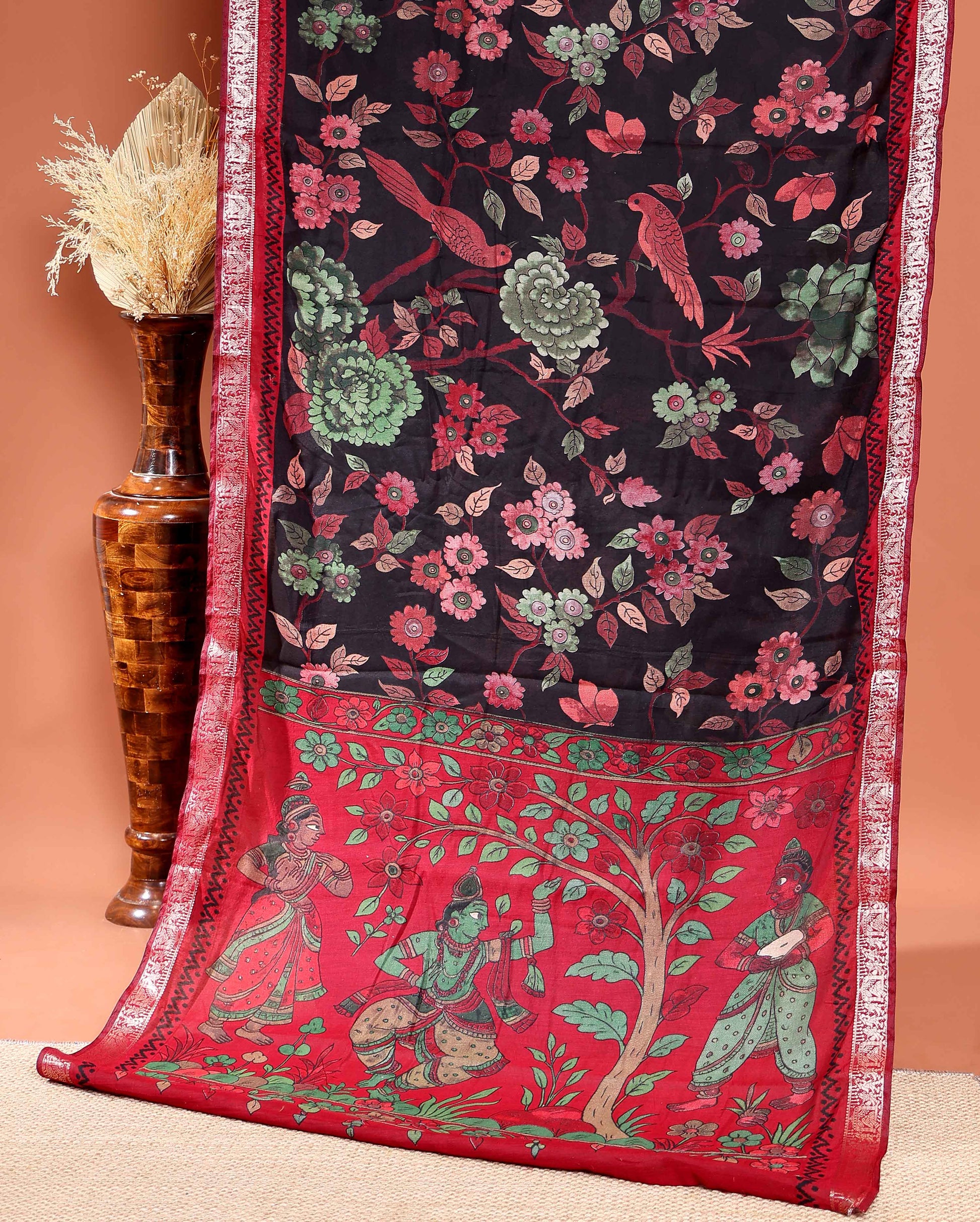 Elegant Semi Chanderi Saree Botanical Motifs and Heritage Art Pallu Design - Dark Brown