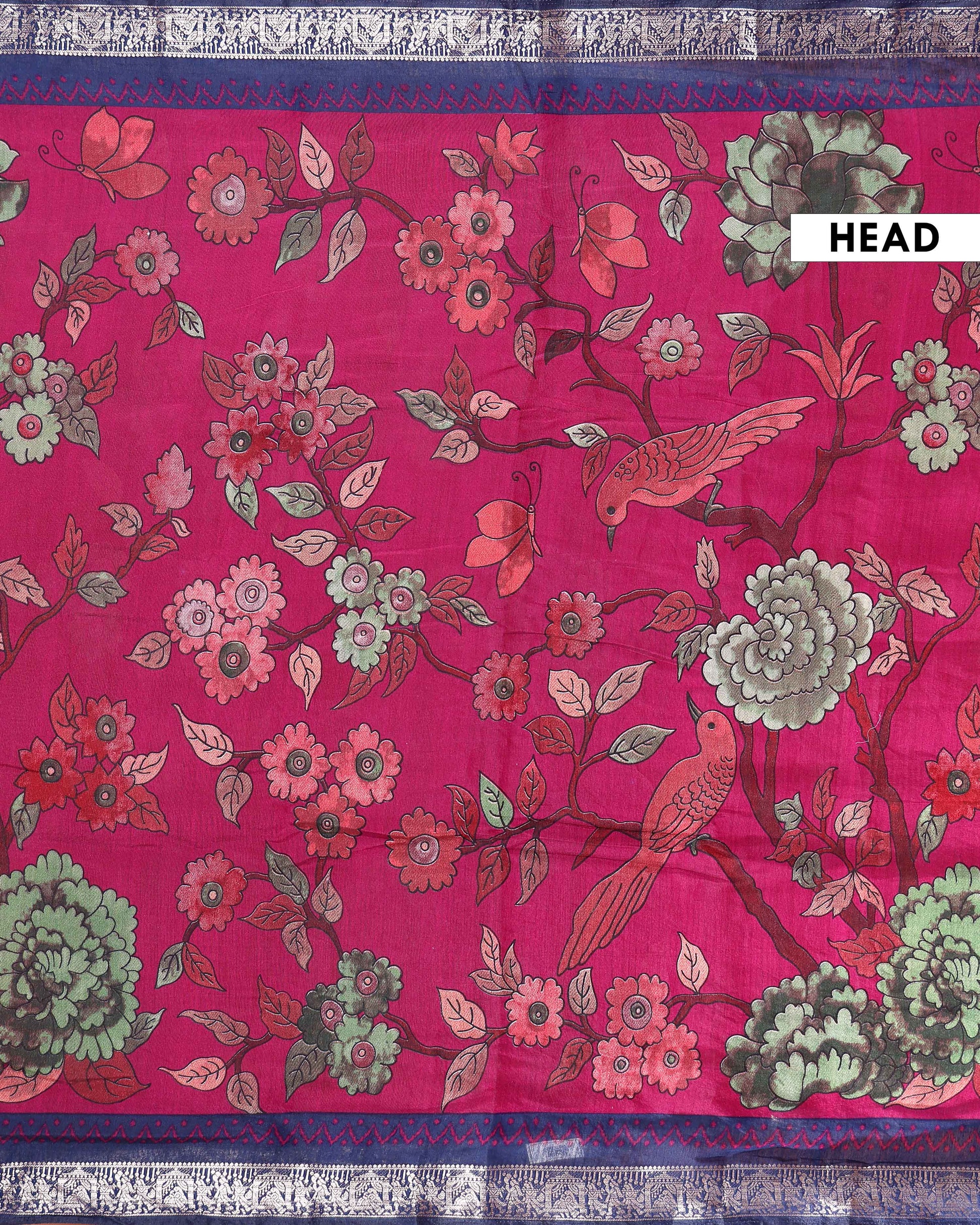 Elegant Semi Chanderi Saree Botanical Motifs and Heritage Mythological Art Pallu - Pink