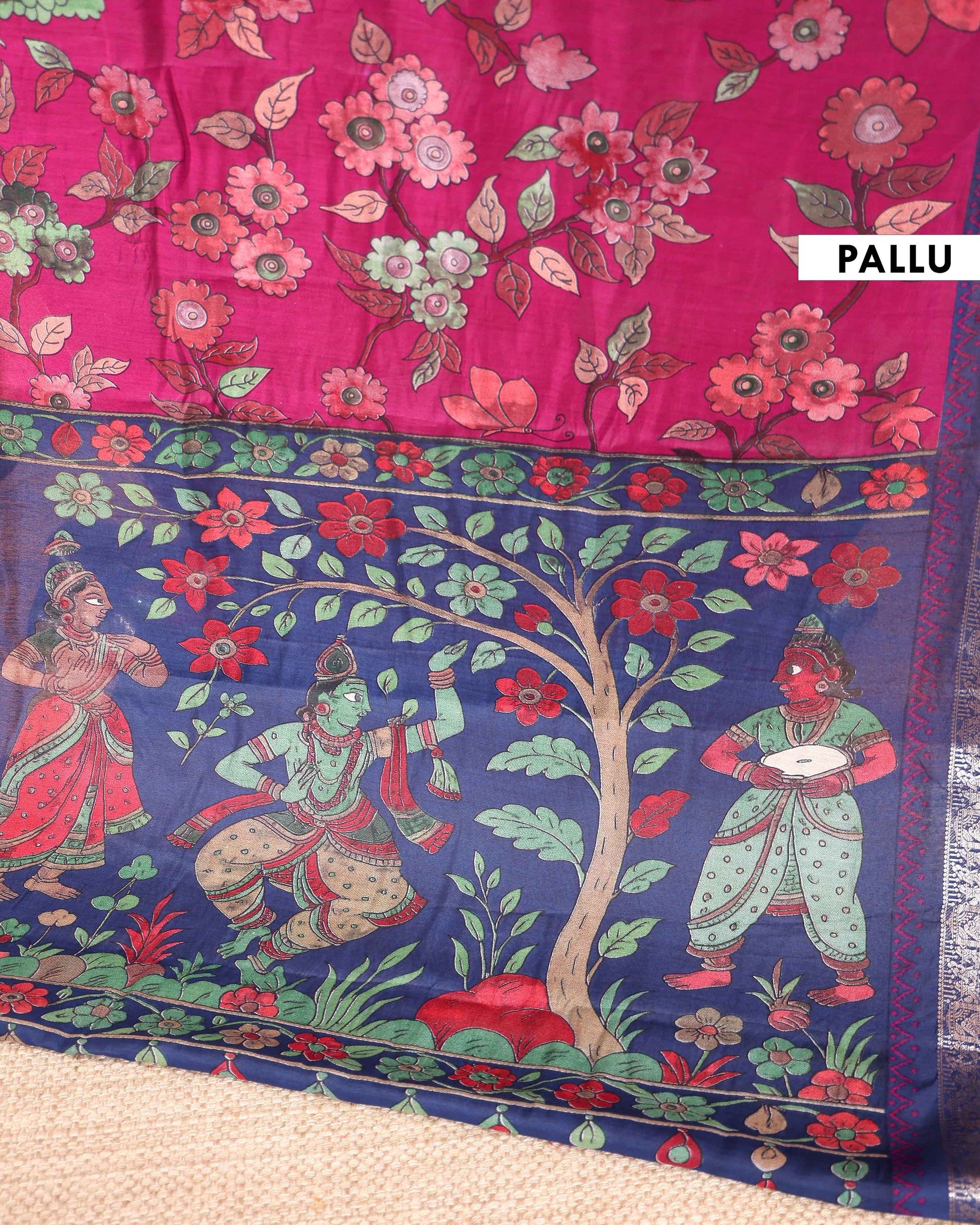 Elegant Semi Chanderi Saree Botanical Motifs and Heritage Mythological Art Pallu - Pink