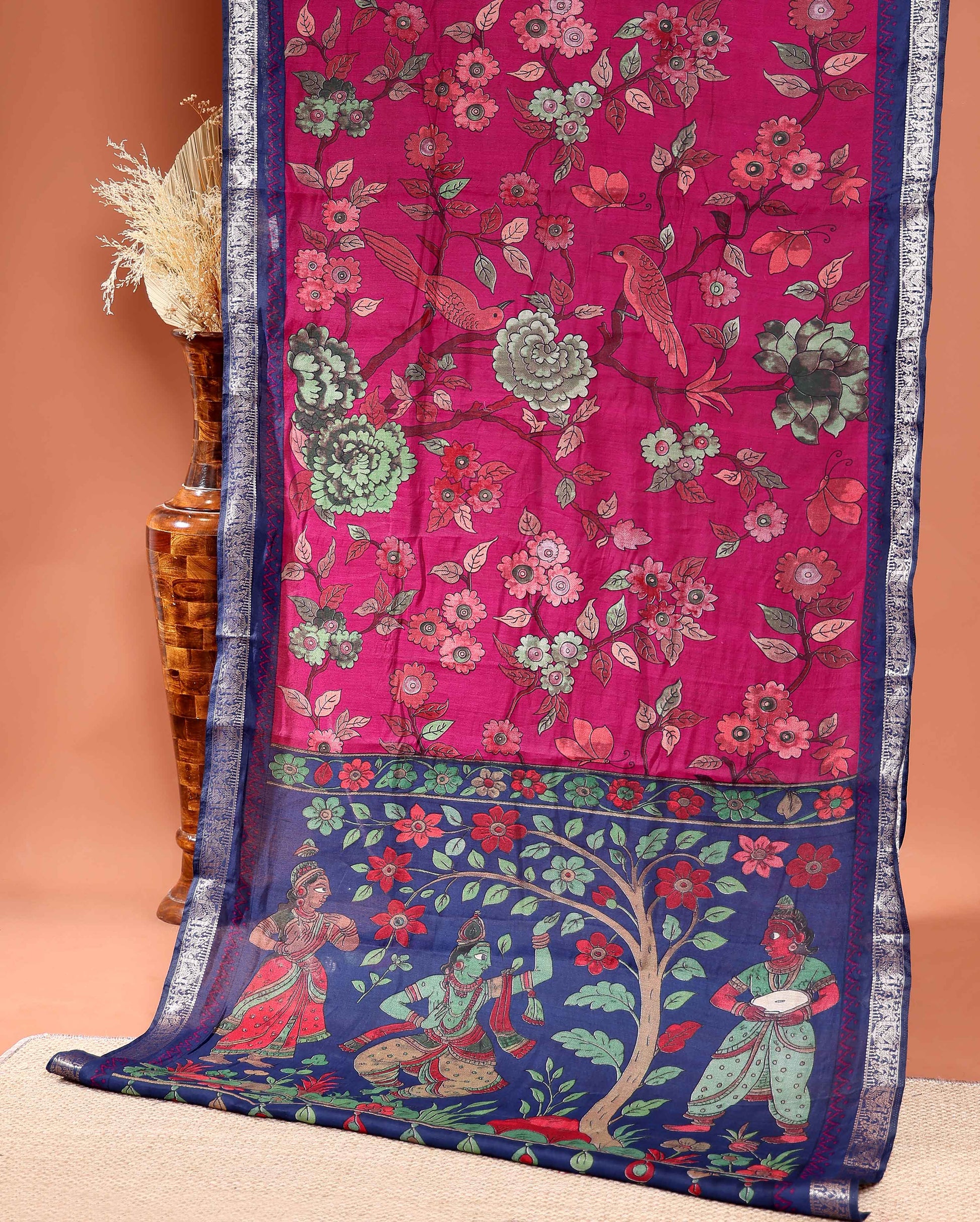 Elegant Semi Chanderi Saree Botanical Motifs and Heritage Mythological Art Pallu - Pink
