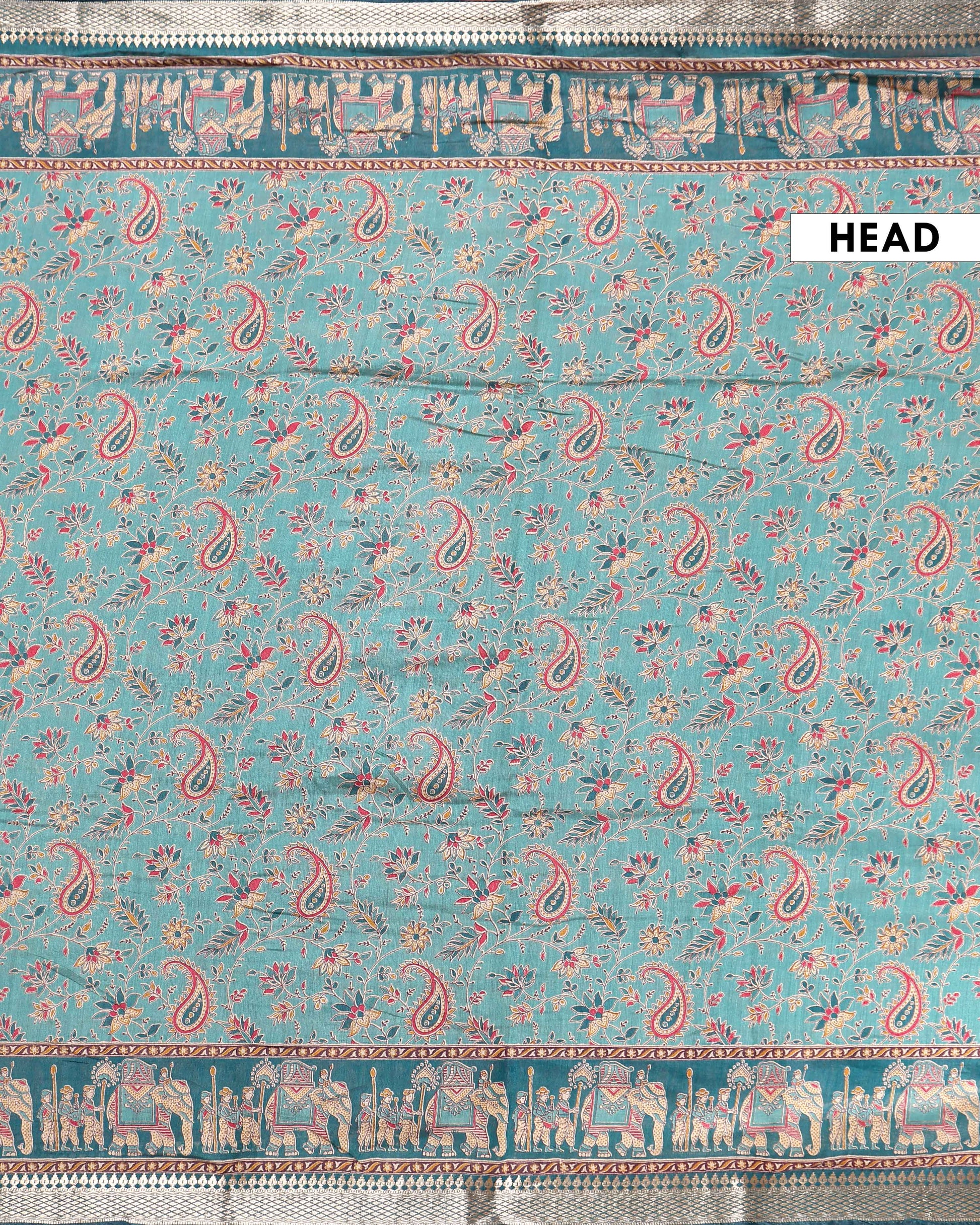 Elegant Semi Chanderi Saree Featuring Floral Butta Pattern and Elephant Motif Pallu - Green