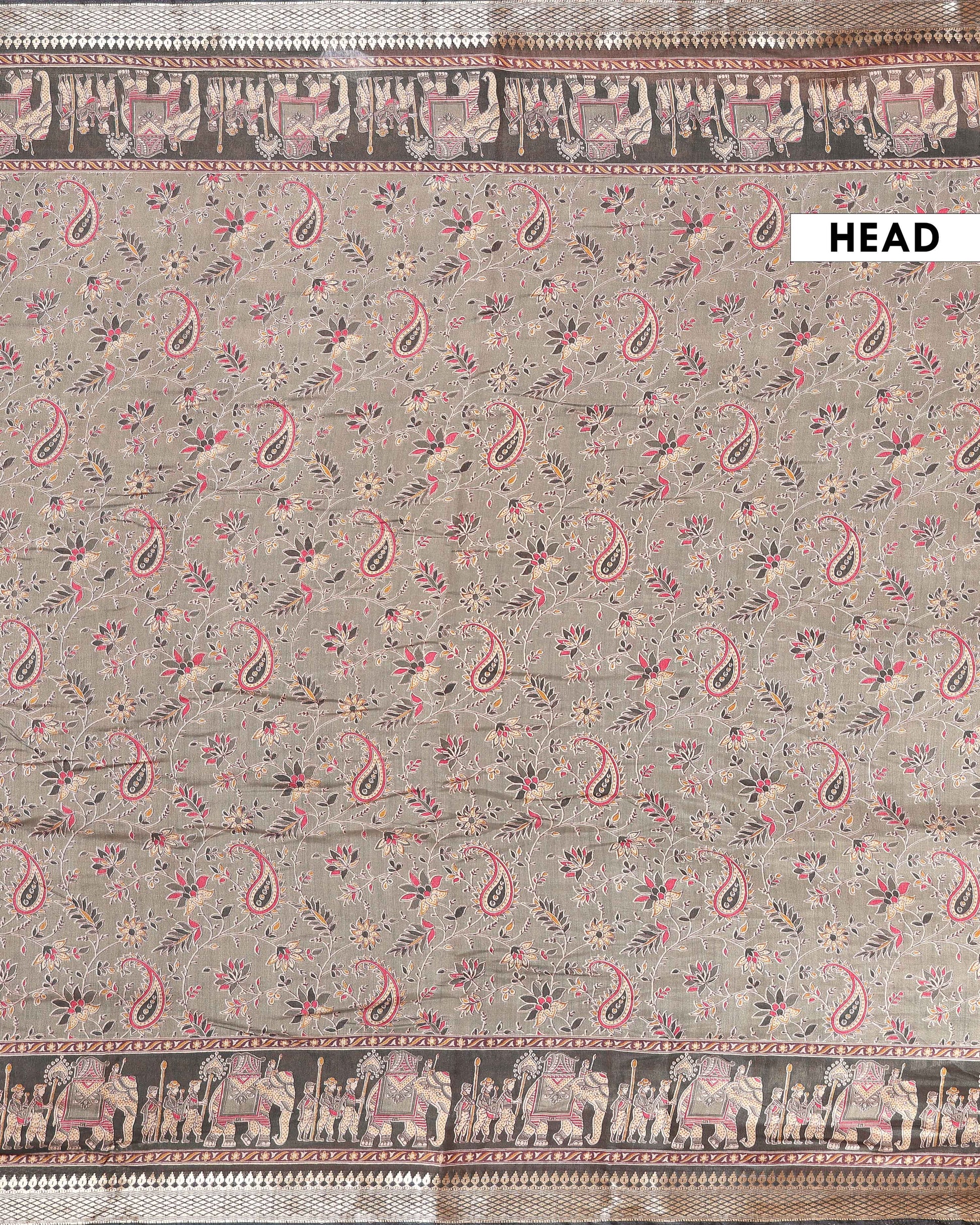 Elegant Semi Chanderi Saree Featuring Floral Butta Pattern and Elephant Motif Pallu - Olive Green