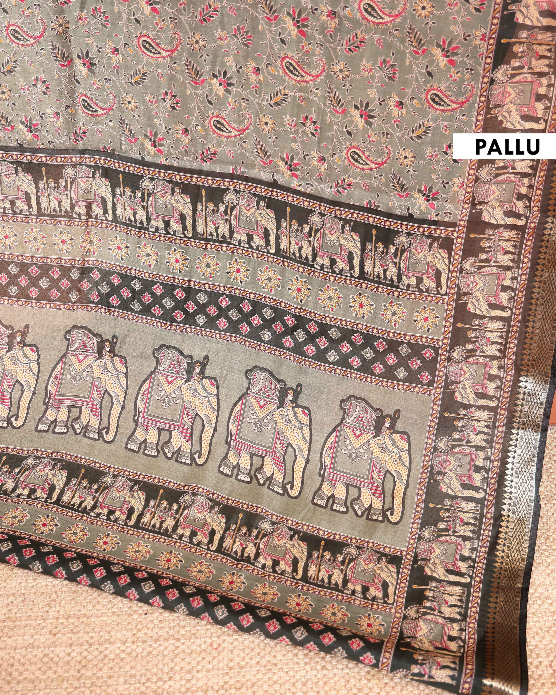 Elegant Semi Chanderi Saree Featuring Floral Butta Pattern and Elephant Motif Pallu - Olive Green